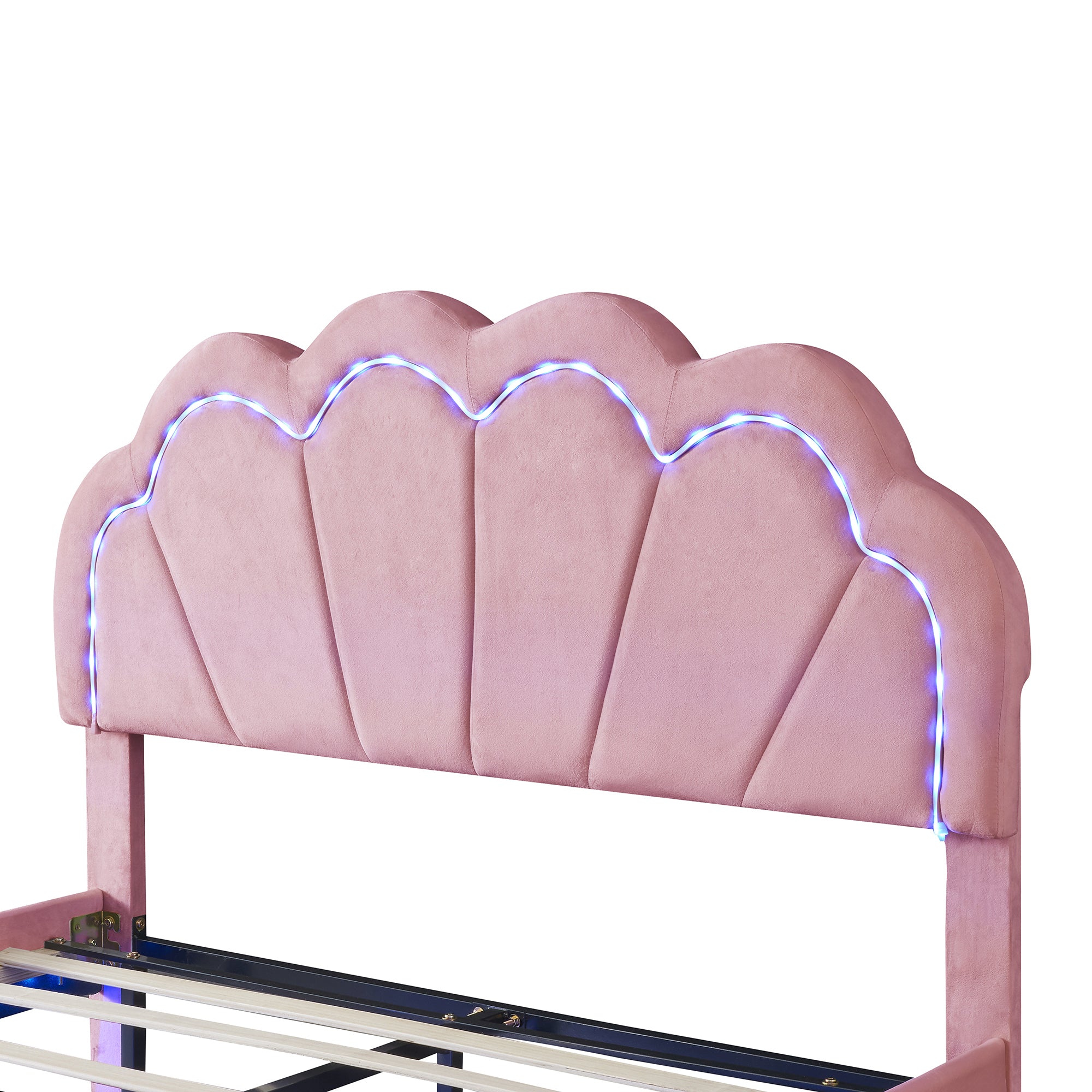 Full Upholstered Smart LED Bed Frame with Elegant Flowers Headboard,Floating Velvet Platform LED Bed with Wooden Slats Support,Pink - Atlantic Fine Furniture Melbourne FL
