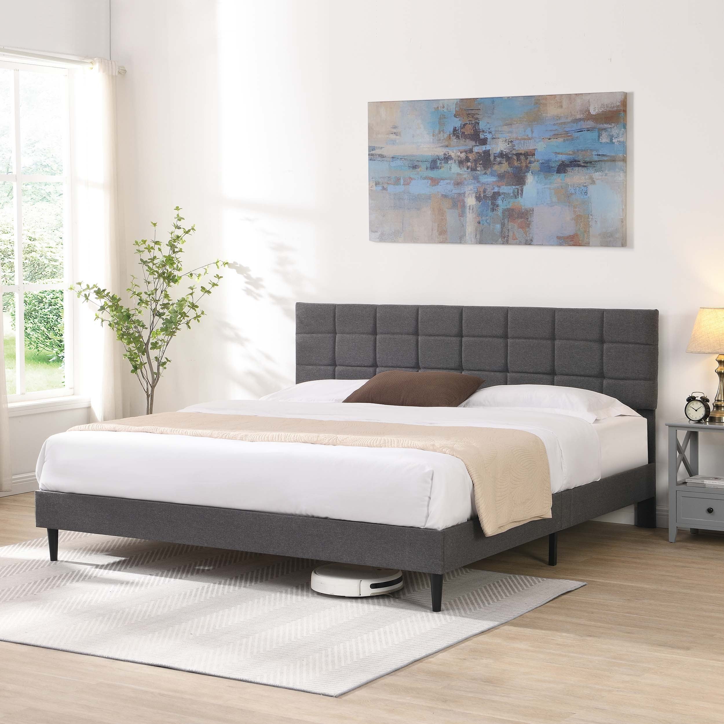 King Size Platform Bed Frame with Fabric Upholstered Headboard and Wooden Slats, No Box Spring Needed/Easy Assembly, Dark Grey - Atlantic Fine Furniture Melbourne FL