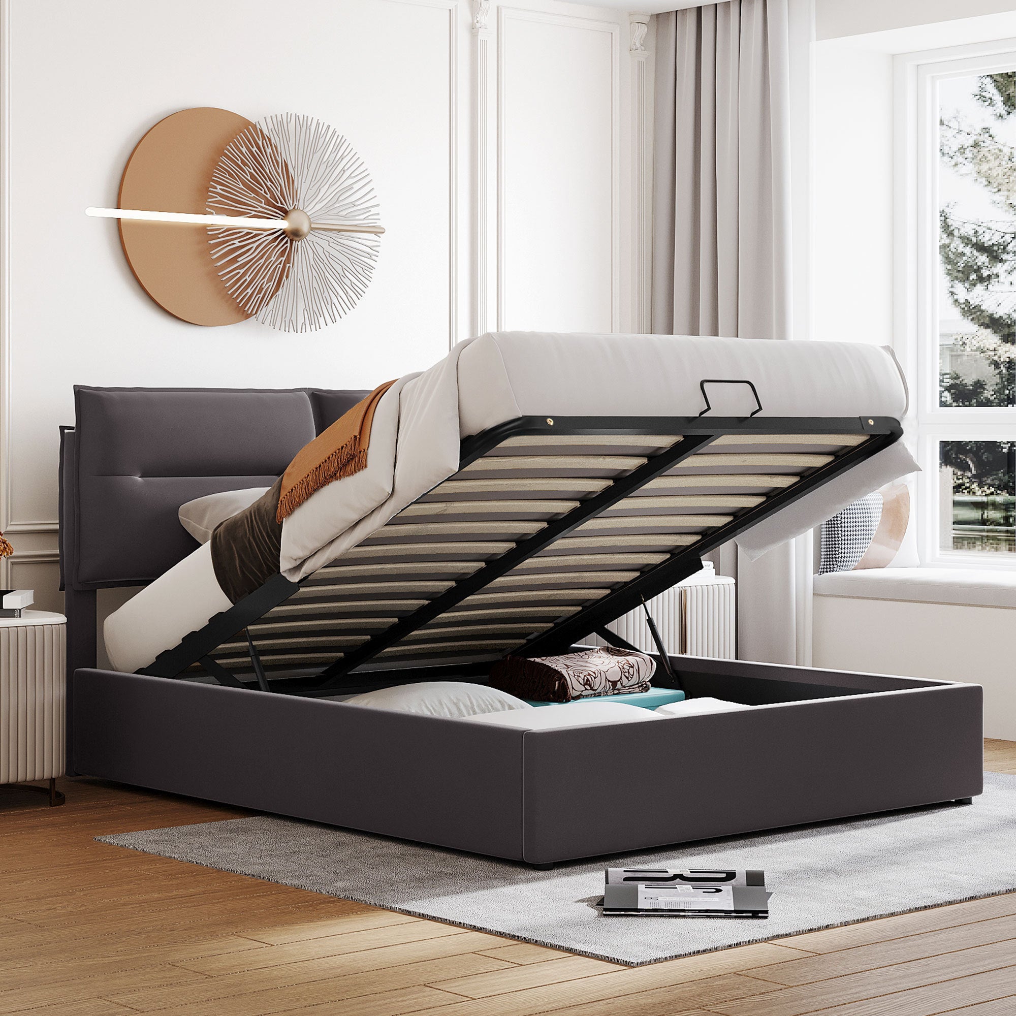 Upholstered Platform bed with a Hydraulic Storage System, Queen size, Gray - Atlantic Fine Furniture Melbourne FL