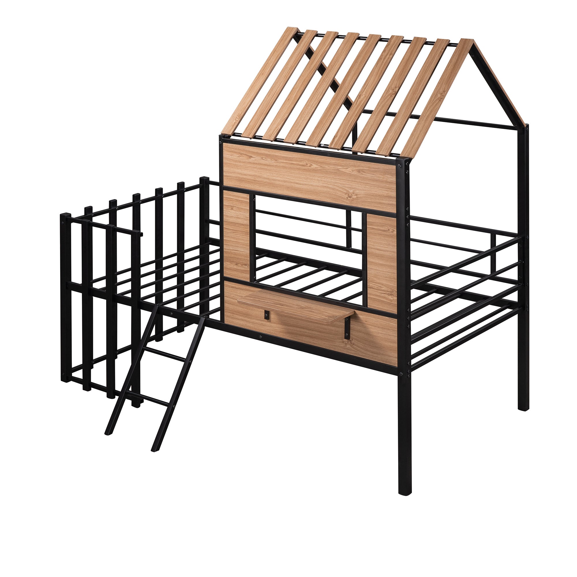 Metal Twin size Loft Bed with Roof, Window, Guardrail, Ladder Black - Atlantic Fine Furniture Melbourne FL