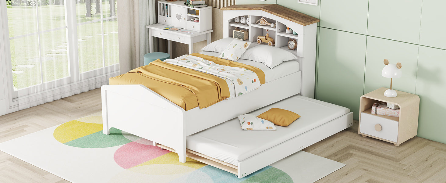 Twin Size Wood Platform Bed with House-shaped Storage Headboard and Trundle, White - Atlantic Fine Furniture Melbourne FL