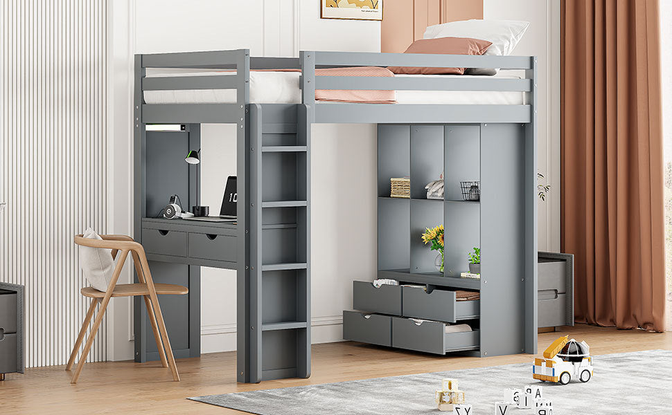 Twin Size Loft Bed with large shelves, writing desk and LED Light, Gray - Atlantic Fine Furniture Melbourne FL