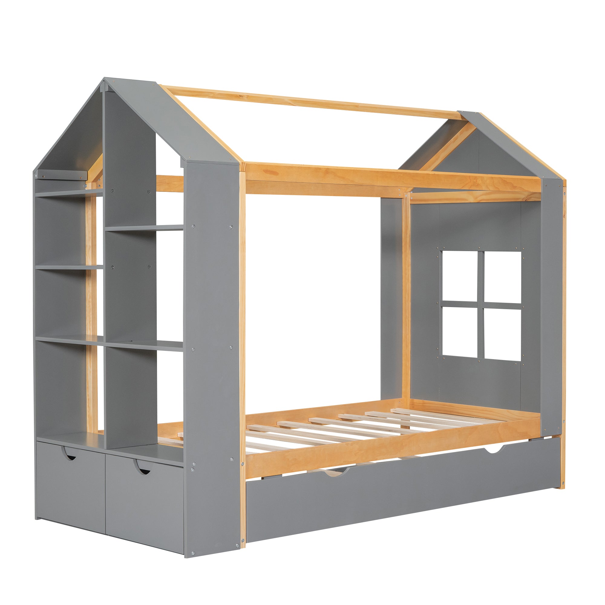 Twin Size House Platform Bed with Storage Shelves and Twin Size Trundle, Grey - Atlantic Fine Furniture Melbourne FL