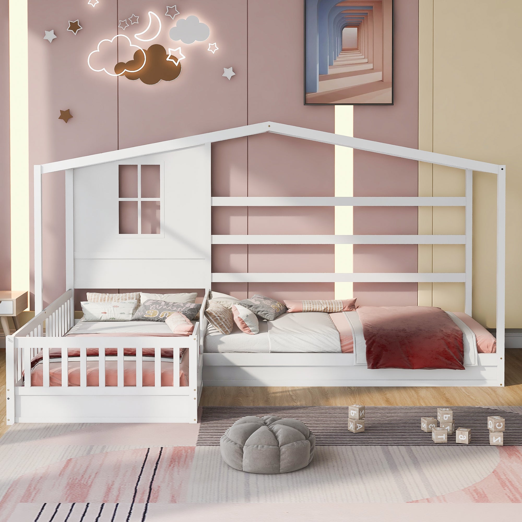 Wood House Bed Twin Size, 2 Twin Solid Bed L structure with fence and slatted frame (White) - Atlantic Fine Furniture Melbourne FL