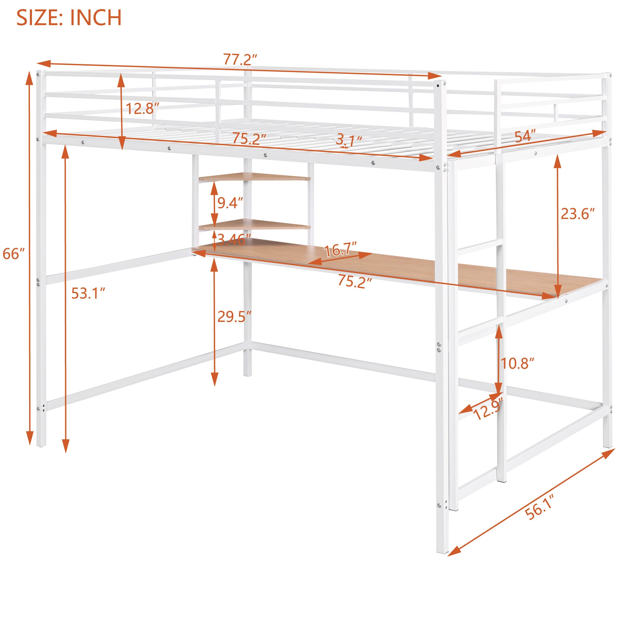 Full Metal Loft Bed with Desk and Shelve, White - Atlantic Fine Furniture Melbourne FL
