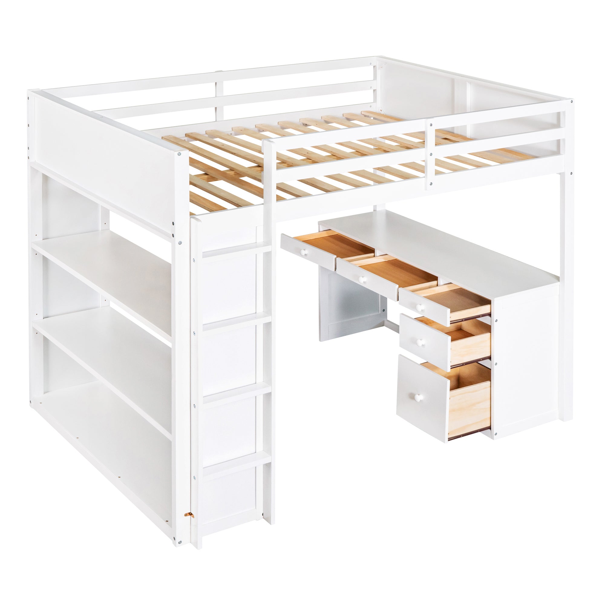 Full Size Loft Bed with Ladder, Shelves, and Desk, White - Atlantic Fine Furniture Melbourne FL