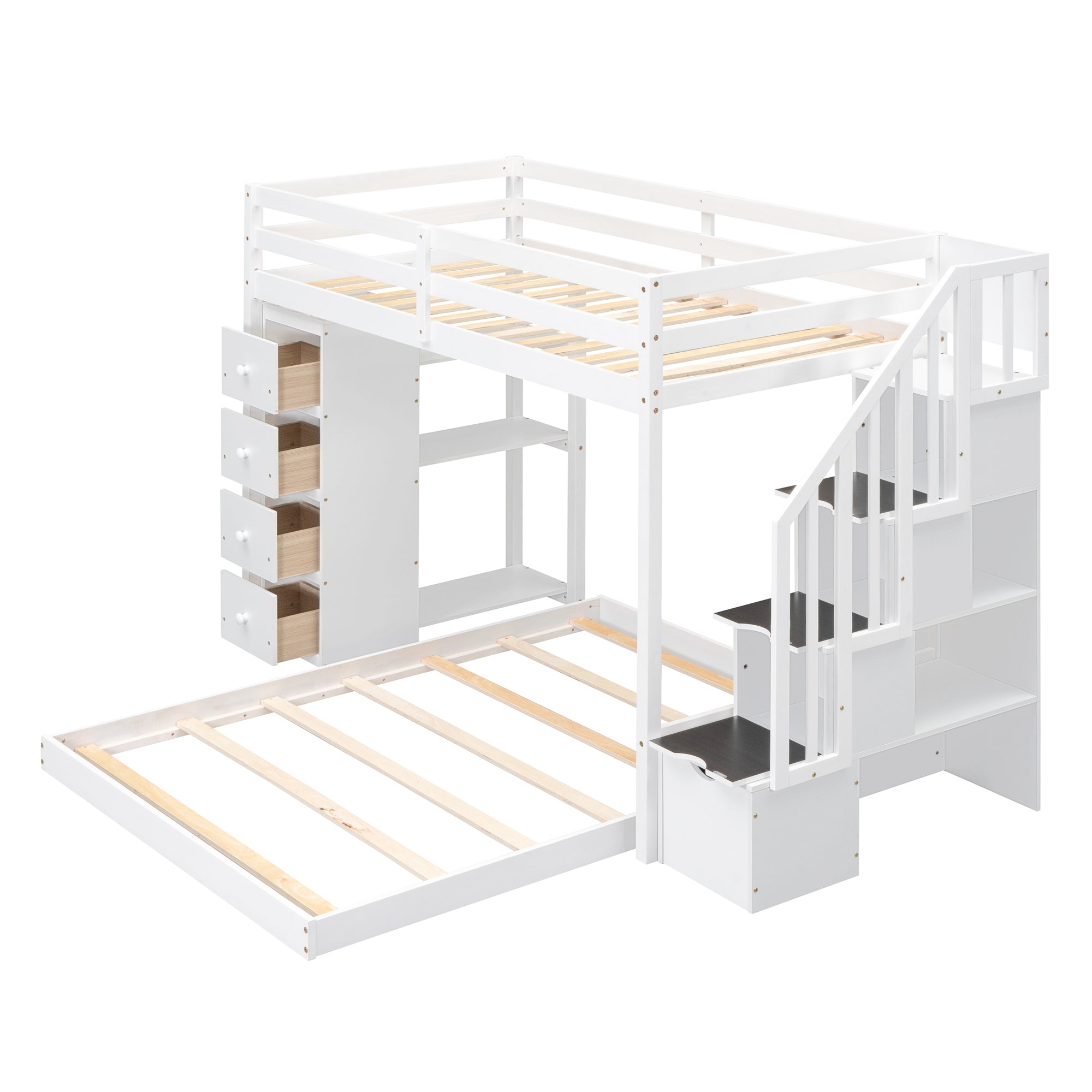 Twin Over Full Bunk Bed with 3-layer Shelves, Drawers and Storage Stairs, White - Atlantic Fine Furniture Melbourne FL
