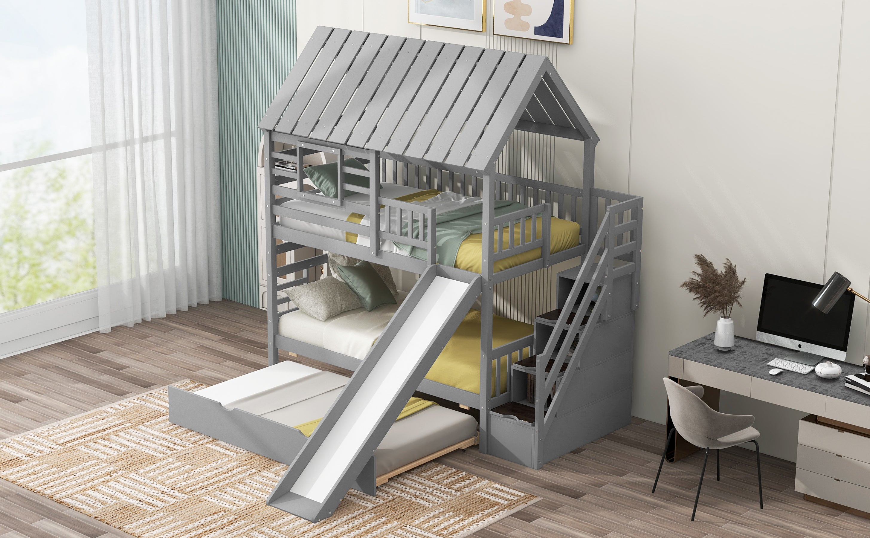 Twin over Twin House Bunk Bed with Trundle and Slide, Storage Staircase, Roof and Window Design, Gray(Old SKU: GX000931AAE) - Atlantic Fine Furniture Melbourne FL