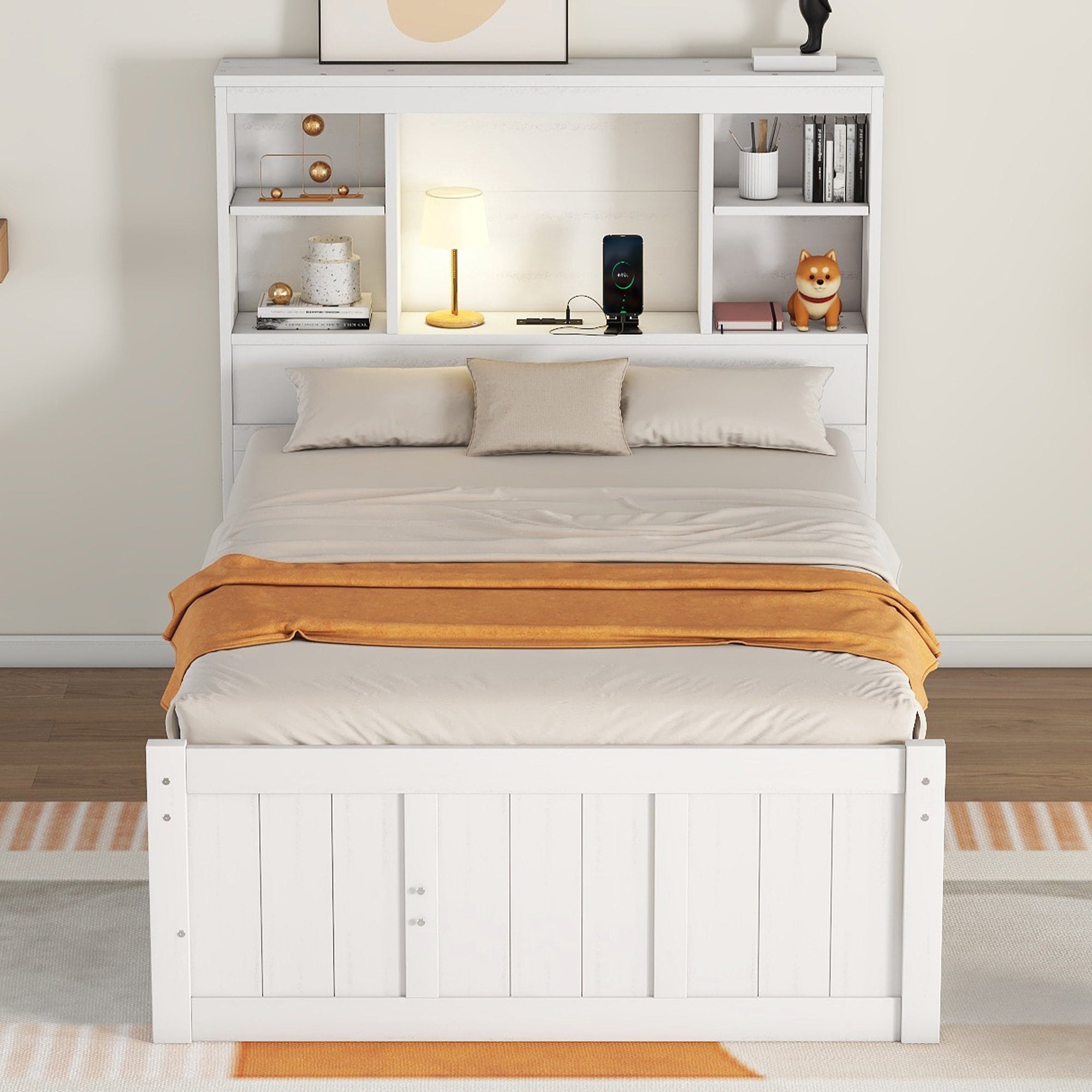 Twin Size Platform Bed with Storage Headboard, Charging Station, Twin Size Trundle and 3 Drawers, Antique White - Atlantic Fine Furniture Melbourne FL