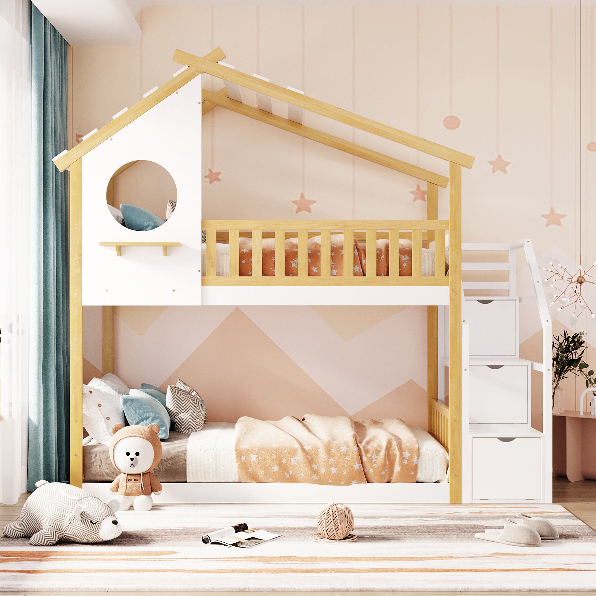 Stairway Twin-Over-Twin Bunk Bed,House Bed,Storage and Guard Rail,Natural Bed +White Stair(OLD SKU :LT000308AAK) - Atlantic Fine Furniture Melbourne FL