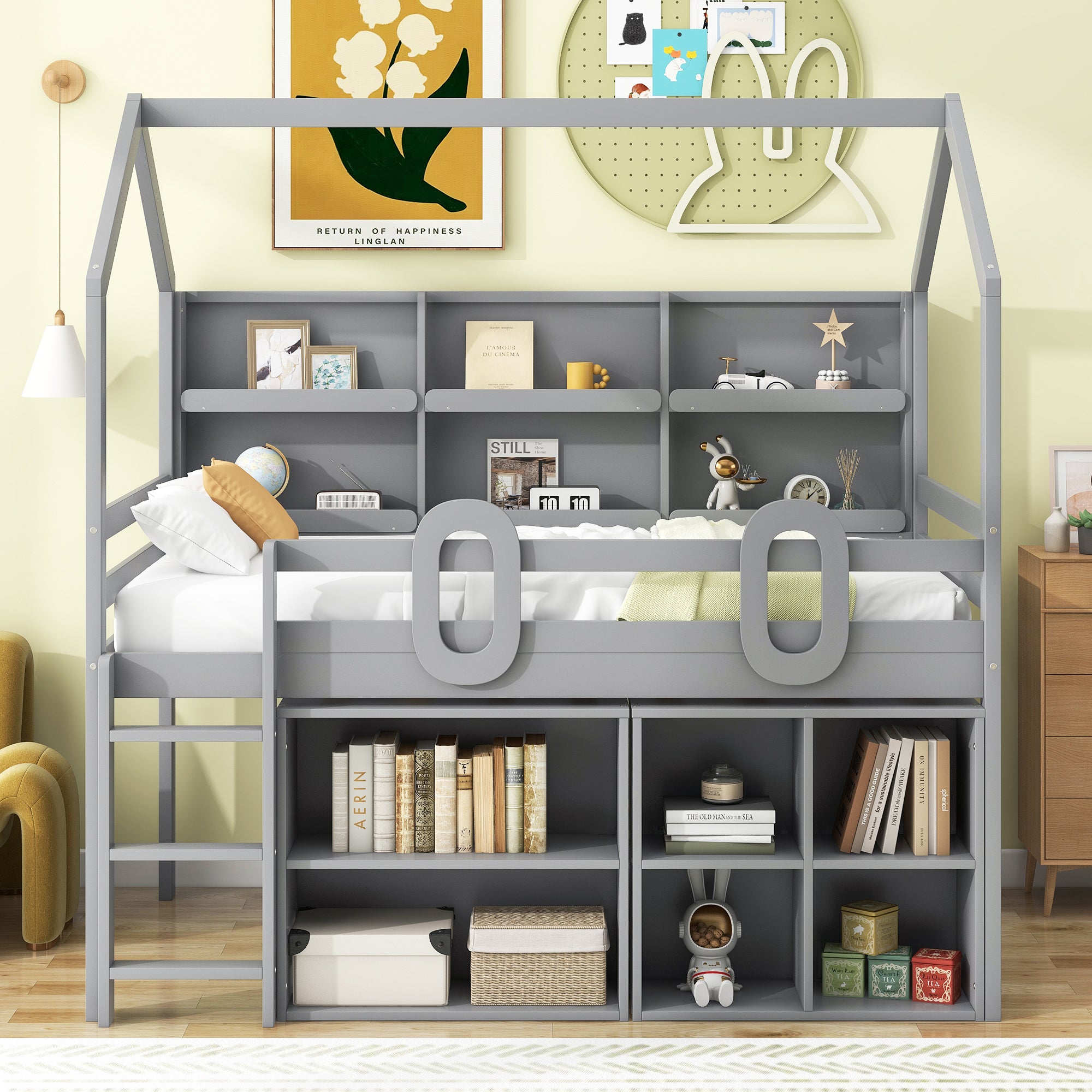 Twin Size House Loft Bed with Multiple Storage Shelves, Grey - Atlantic Fine Furniture Melbourne FL
