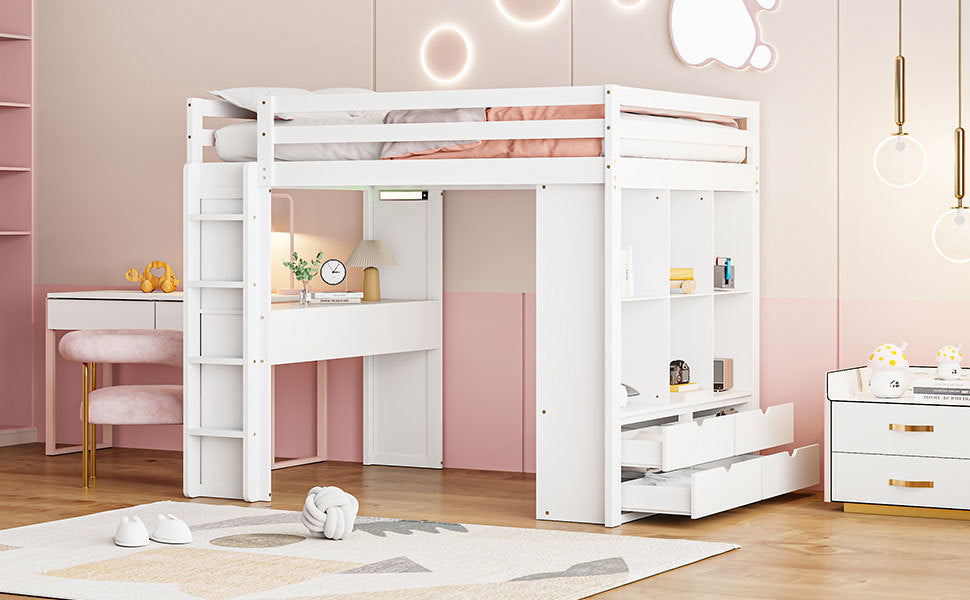 Full Size Loft Bed with large shelves, writing desk and LED Light, White - Atlantic Fine Furniture Melbourne FL
