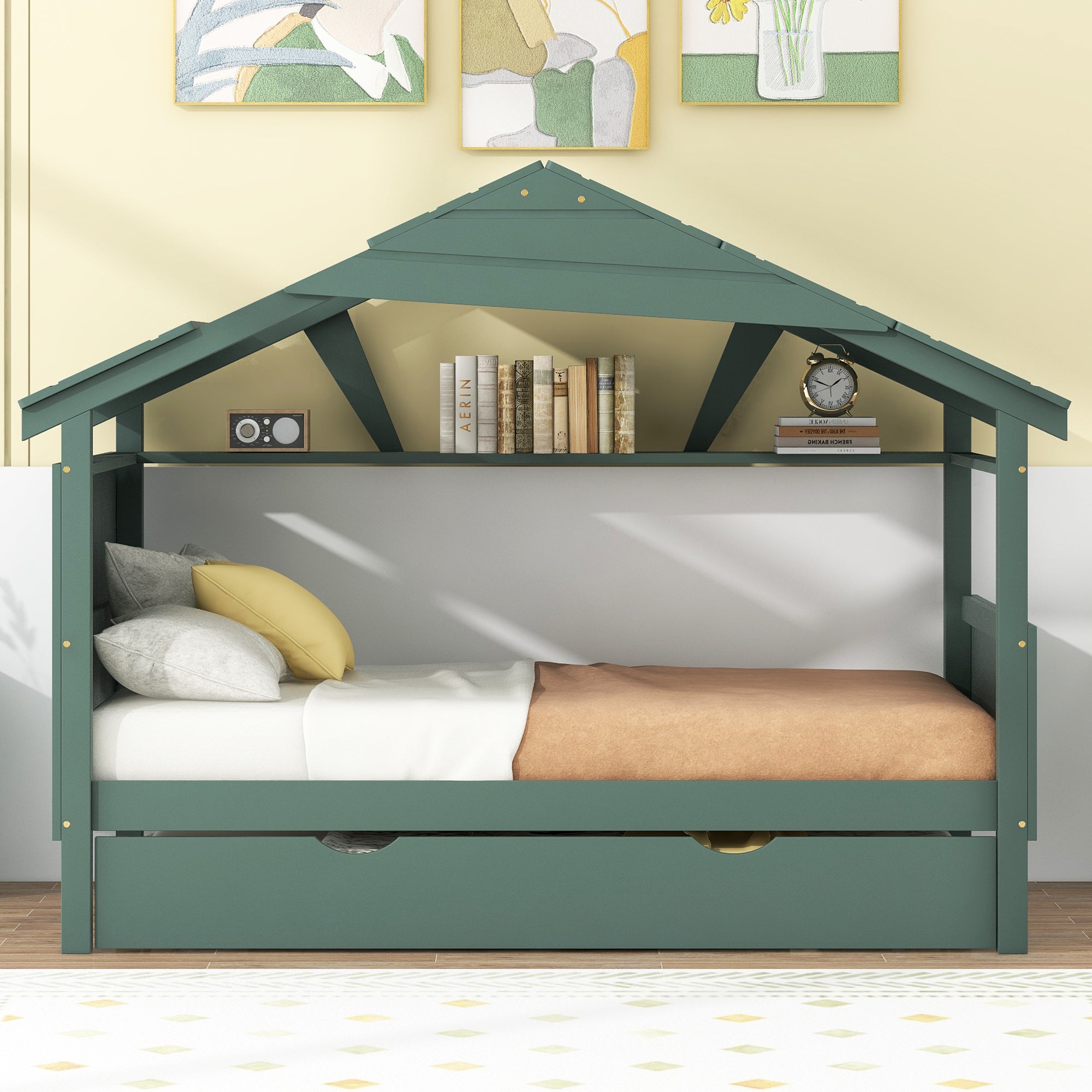 Wood Twin Size House Bed with Trundle and Storage, Green - Atlantic Fine Furniture Melbourne FL