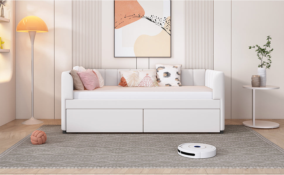 Twin Size Upholstered Daybed with Ergonomic Design Backrest and 2 Drawers, Beige - Atlantic Fine Furniture Melbourne FL