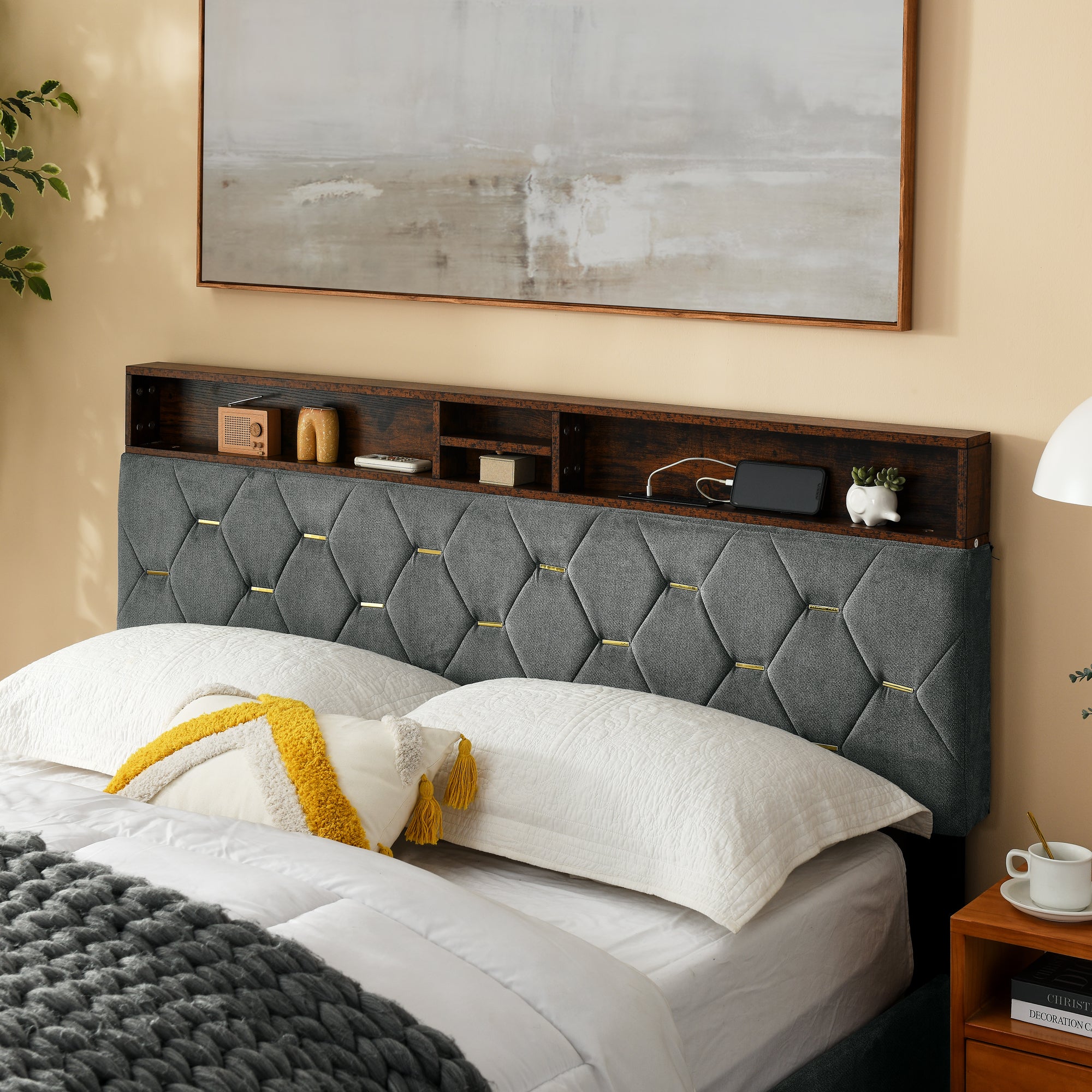 Queen Size Bed Frame, Shelf Upholstered Headboard, Platform Bed with Outlet & USB Ports, Wood Legs, No Box Spring Needed, Easy Assembly, Grey - Atlantic Fine Furniture Melbourne FL