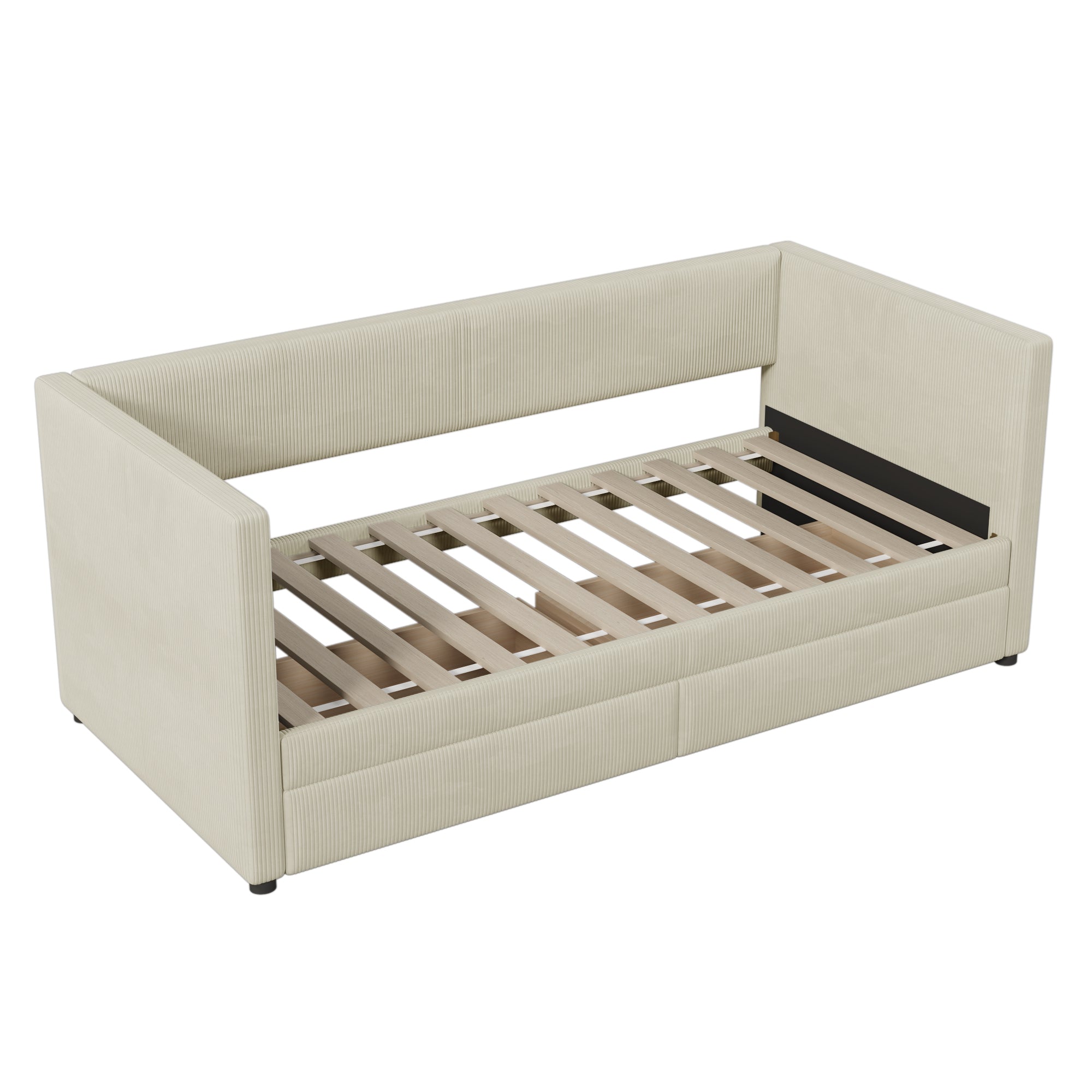 Twin Size Corduroy Daybed with Two Drawers and Wood Slat, Beige - Atlantic Fine Furniture Melbourne FL