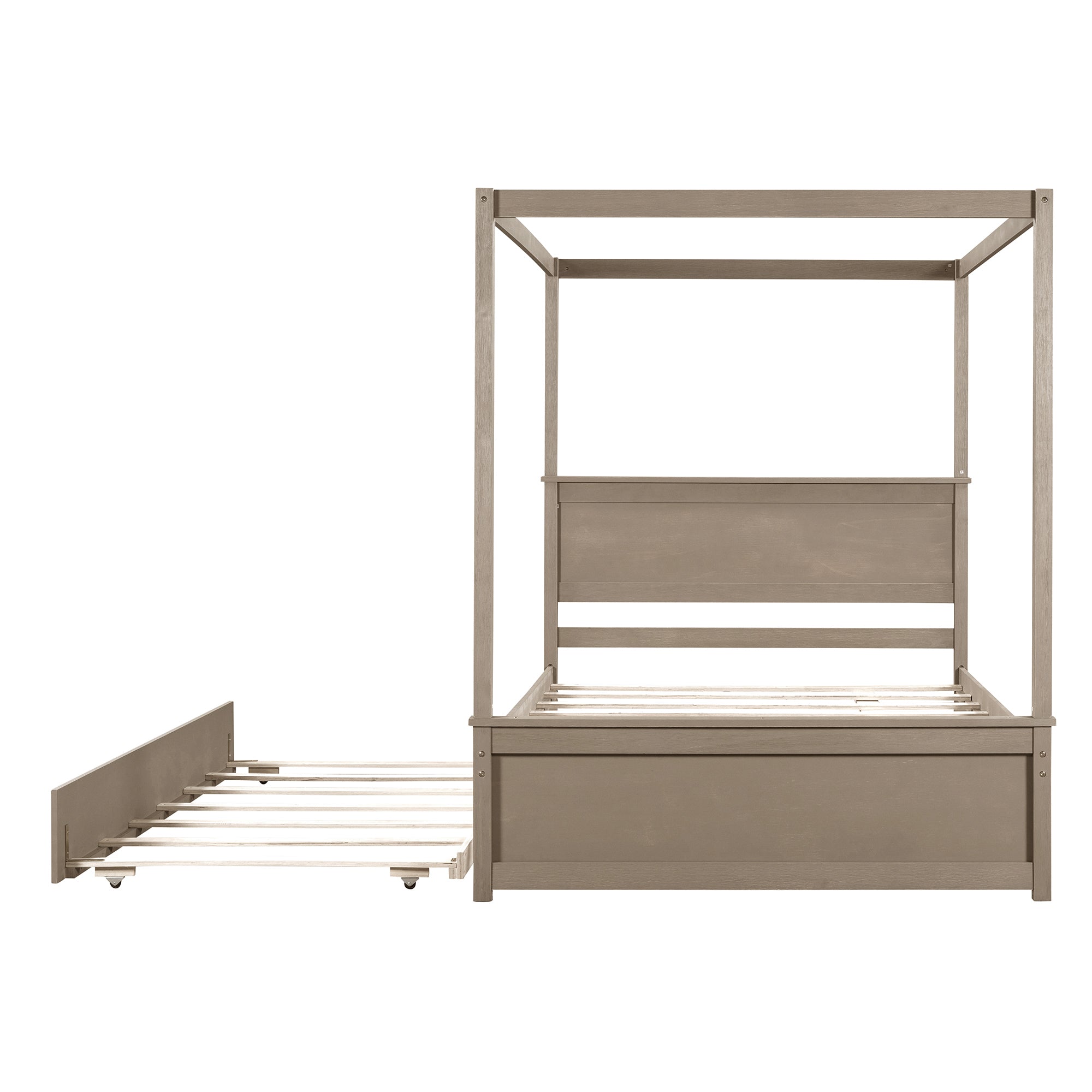 Wood Canopy Bed with Trundle Bed ,Full Size Canopy Platform bed With Support Slats .No Box Spring Needed, Brushed Light Brown - Atlantic Fine Furniture Melbourne FL