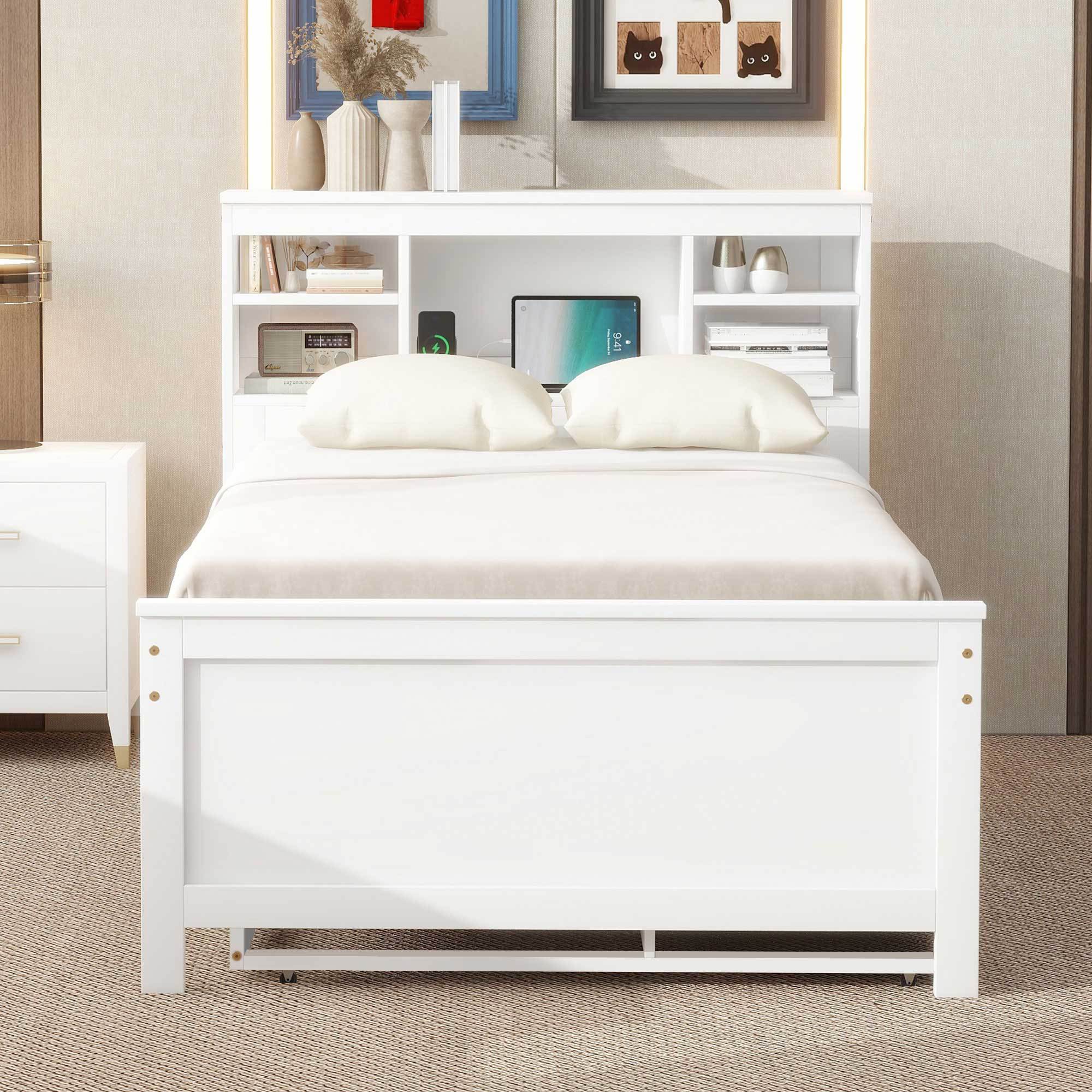 Twin Size Platform Bed with Storage Headboard, USB, Twin Size Trundle and 3 Drawers, White - Atlantic Fine Furniture Melbourne FL