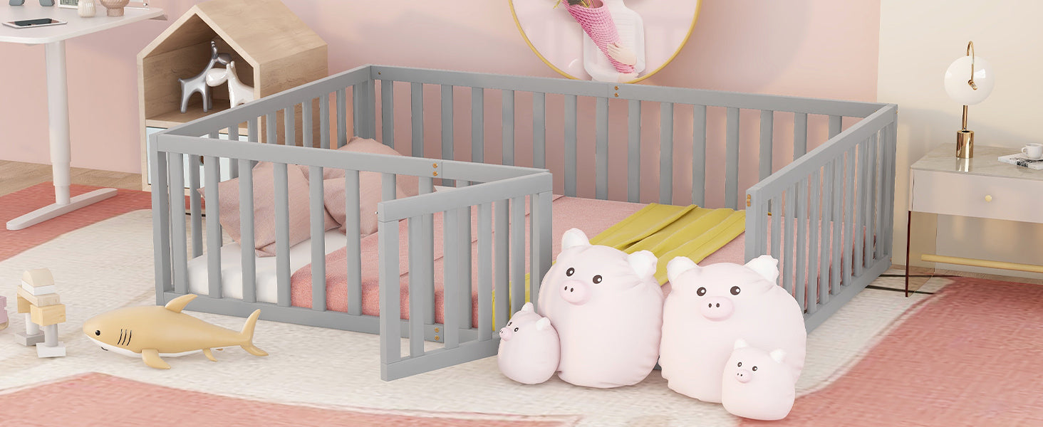 Full Size Wood Daybed Frame with Fence, Gray(OLD SKU:WF289662AAE)