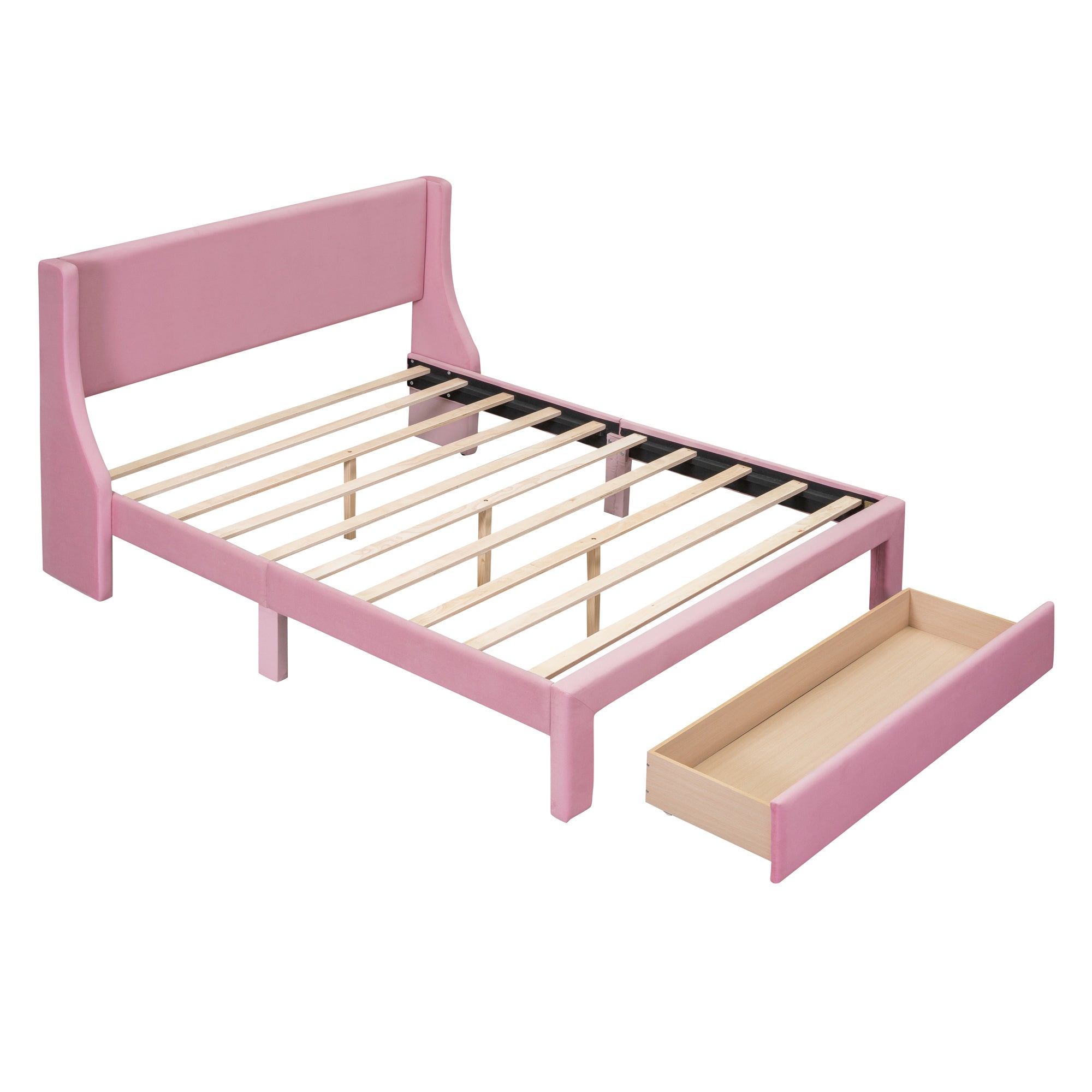 Queen Size Storage Bed Velvet Upholstered Platform Bed with a Big Drawer - Pink - Atlantic Fine Furniture Melbourne FL