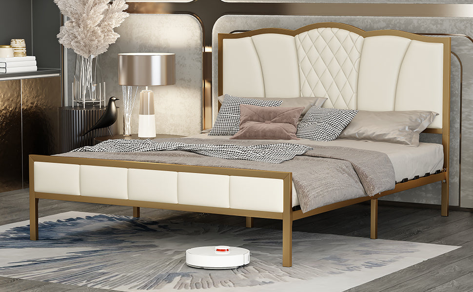 Queen Size Bed Frame, Modern Upholstered Bed Frame with Tufted Headboard, Golden Metal Platform Bed Frame with Wood Slat Support, Noise Free, No Box Spring Needed,Beige - Atlantic Fine Furniture Melbourne FL