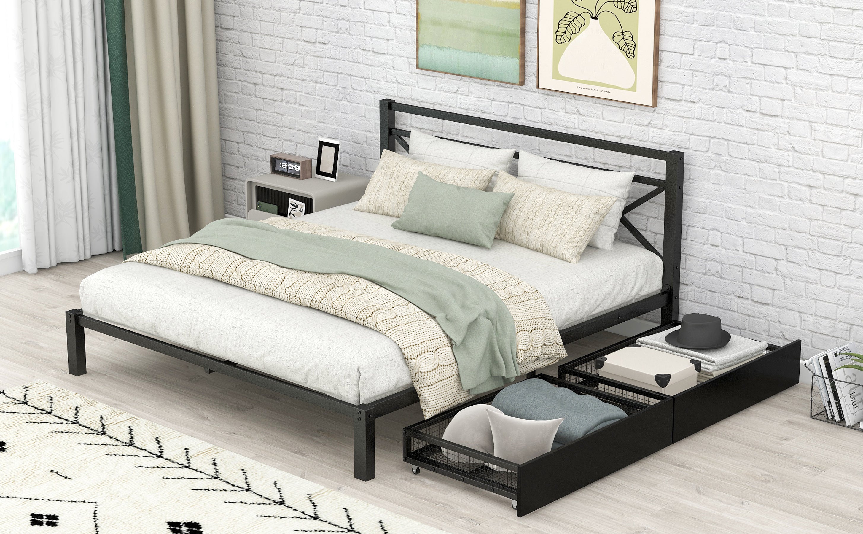 Metal Platform Bed with 2 Drawers, Queen (Black) - Atlantic Fine Furniture Melbourne FL