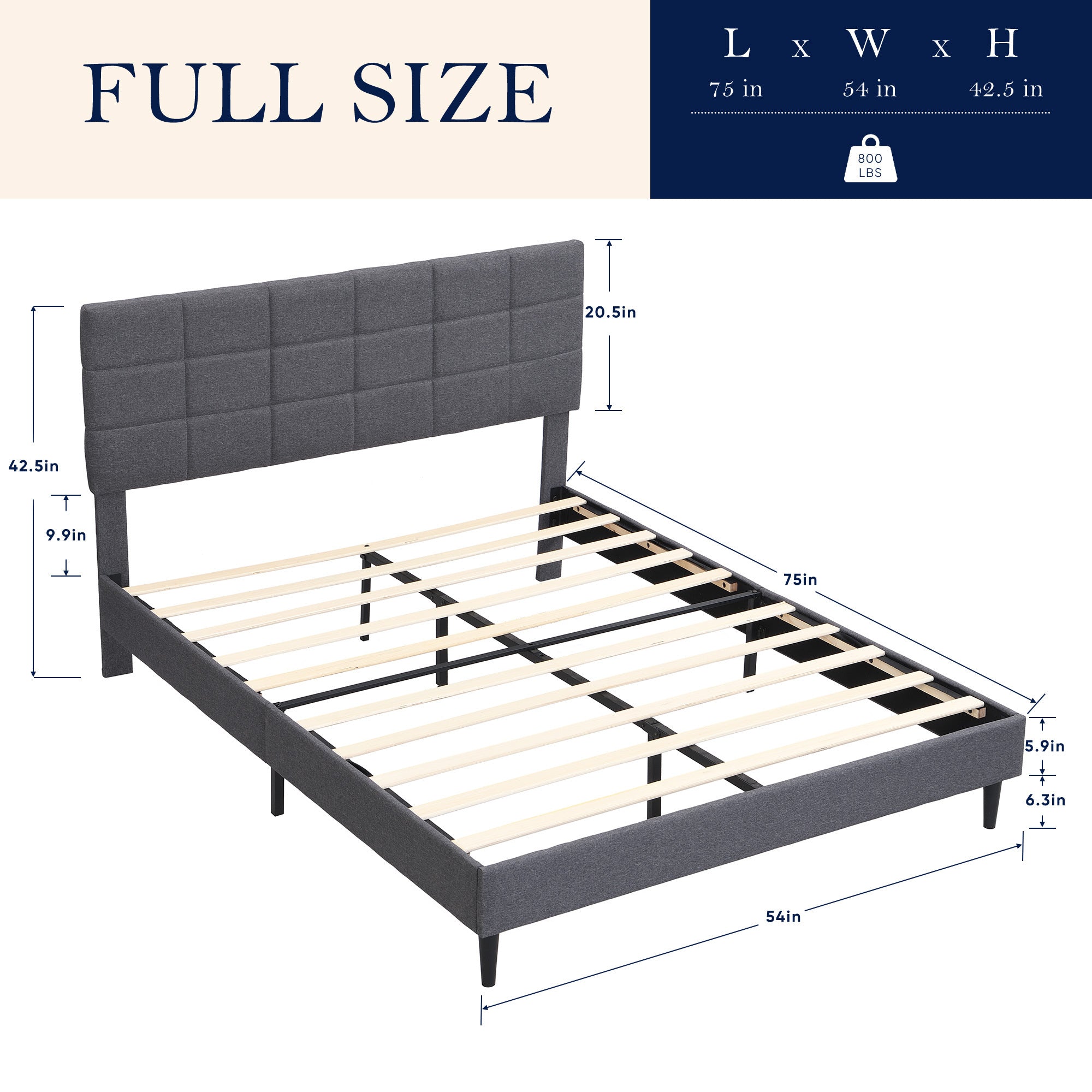Full Size Platform Bed Frame with Fabric Upholstered Headboard and Wooden Slats, No Box Spring Needed/Easy Assembly, Grey - Atlantic Fine Furniture Melbourne FL