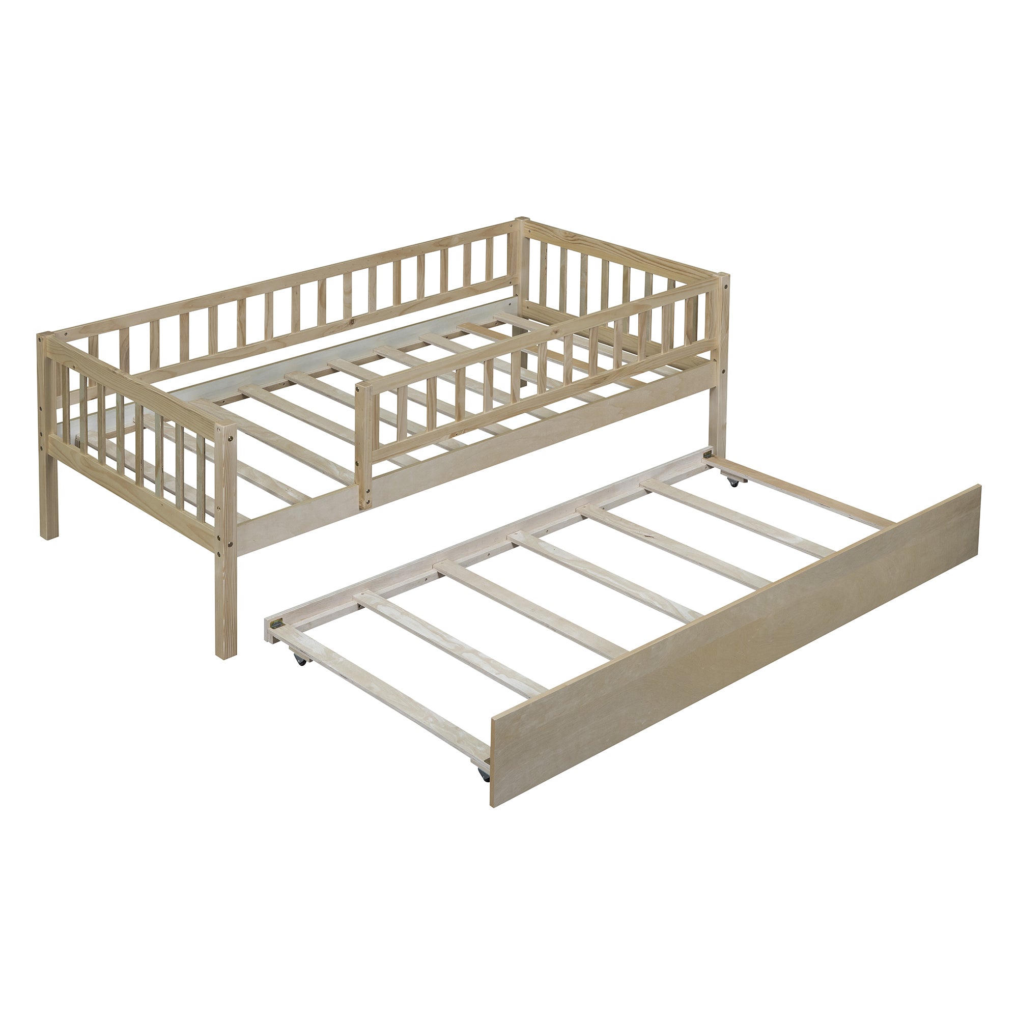 Twin Size Wood Daybed with Trundle and Fence Guardrails, Natural - Atlantic Fine Furniture Melbourne FL