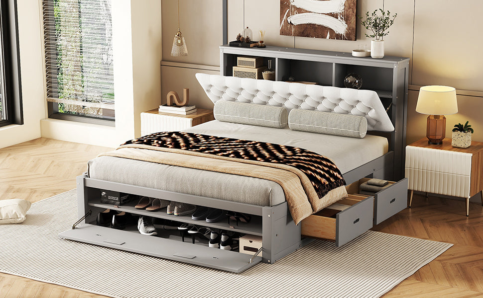 Wood Queen Size Platform Bed with Storage Headboard, shoe rack and 4 drawers,Gray - Atlantic Fine Furniture Melbourne FL