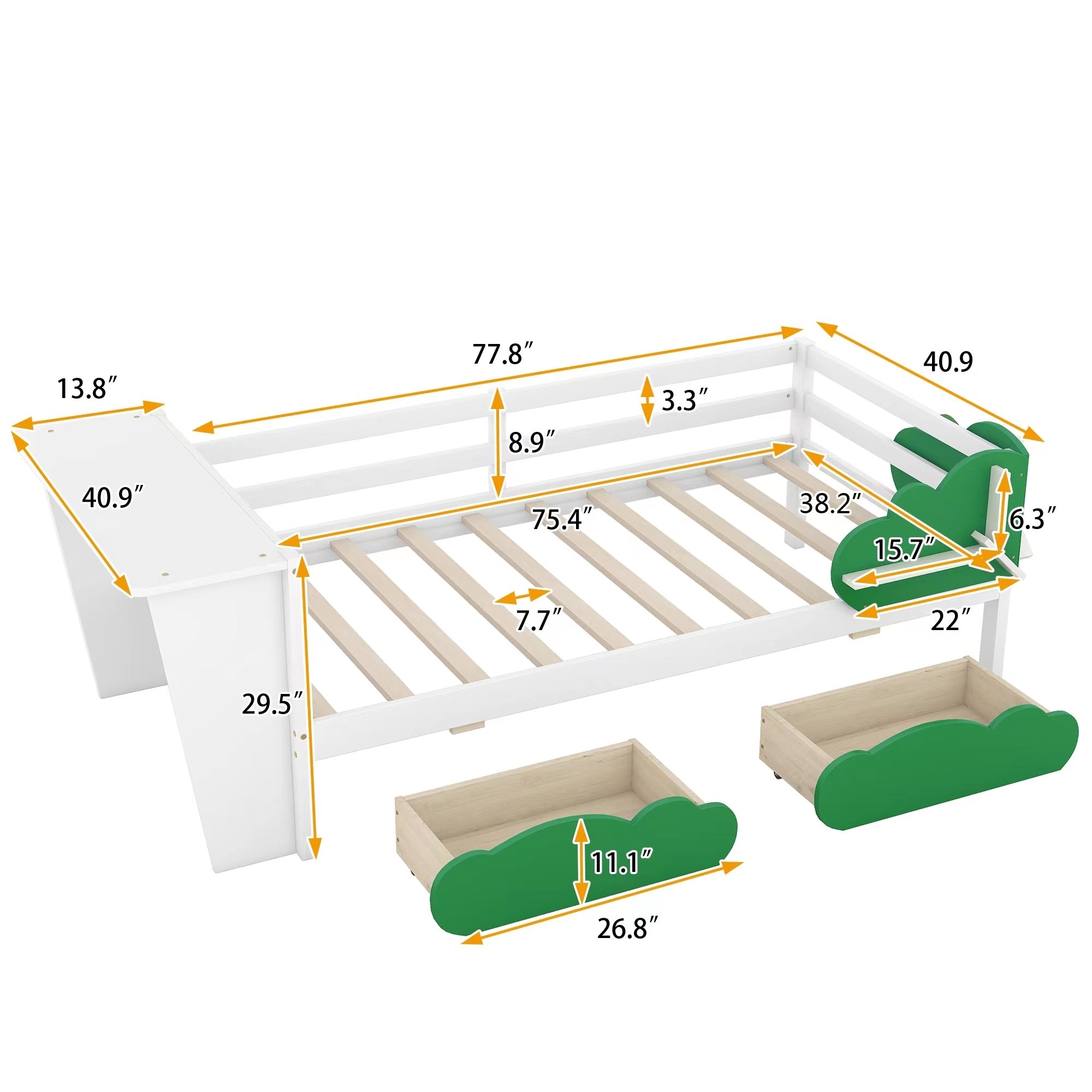 Twin Size Daybed with Desk, Green Leaf Shape Drawers and Shelves, White - Atlantic Fine Furniture Melbourne FL