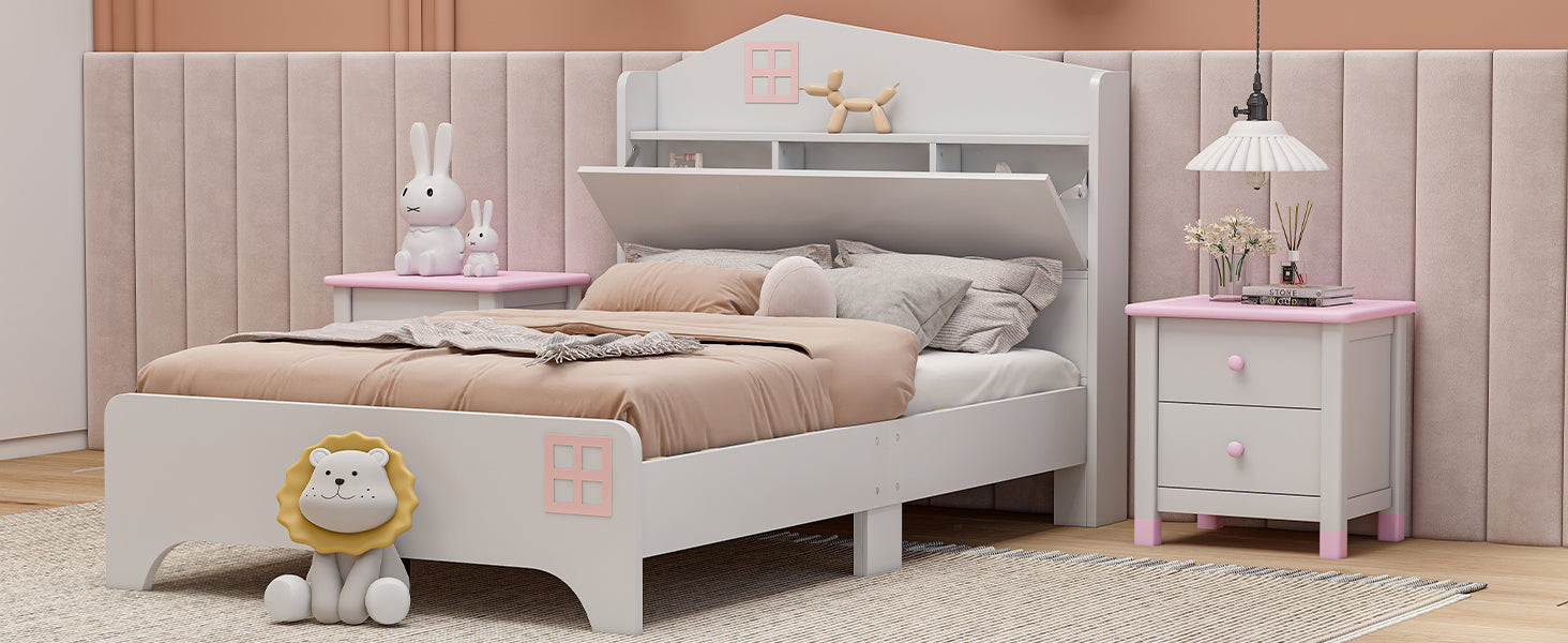 Wooden Twin Size House Bed with Storage Headboard ,Kids Bed with Storage Shelf, White - Atlantic Fine Furniture Melbourne FL
