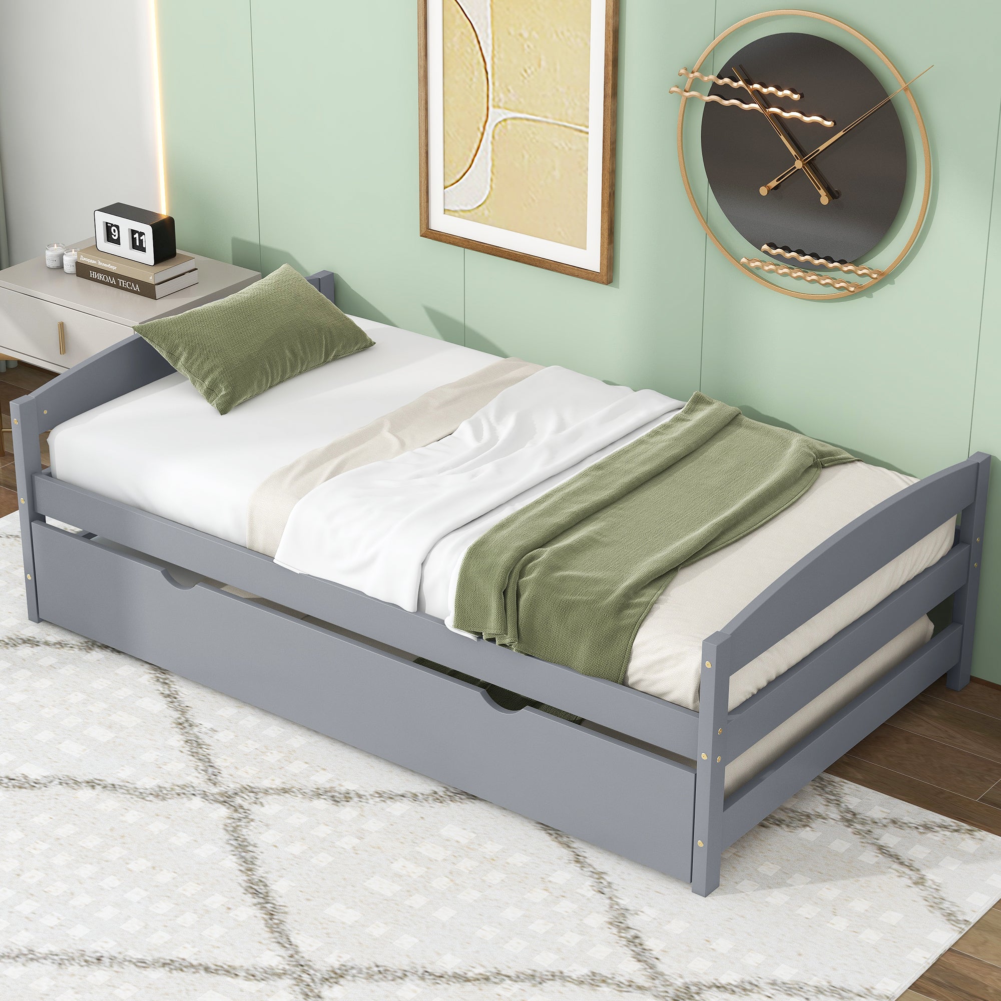 Twin Size Platform Bed with Twin Size Trundle, Gray - Atlantic Fine Furniture Melbourne FL
