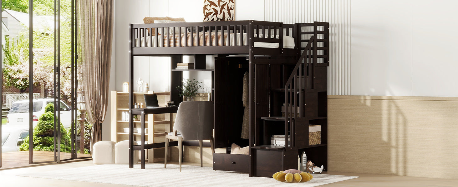 Twin size Loft Bed with Bookshelf,Drawers,Desk,and Wardrobe-Espresso - Atlantic Fine Furniture Melbourne FL