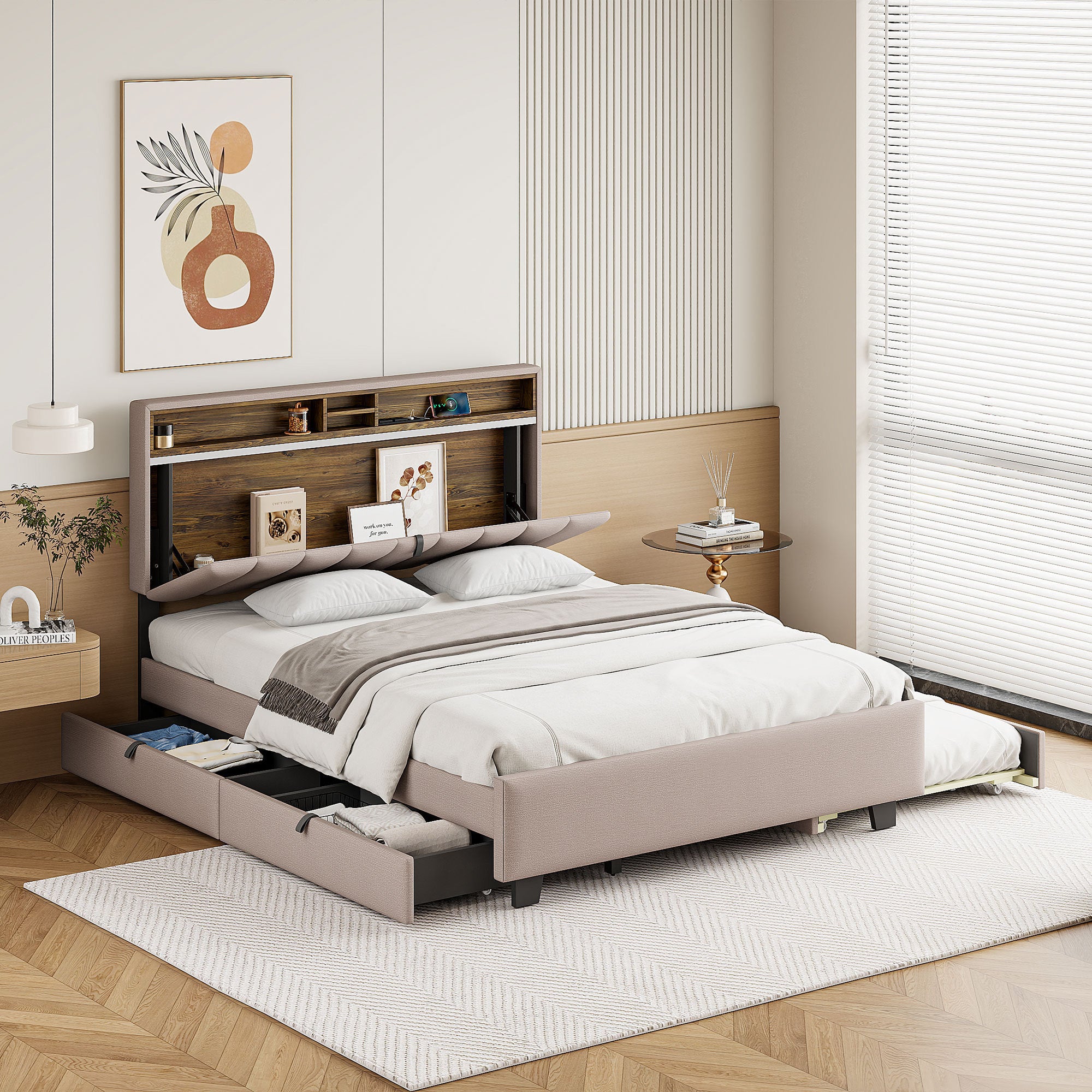 Queen size Upholstered Platform Bed with Storage Headboard, Twin XL Size Trundle & 2 drawers and a set of Sockets & USB Ports, Linen Fabric, Beige - Atlantic Fine Furniture Melbourne FL