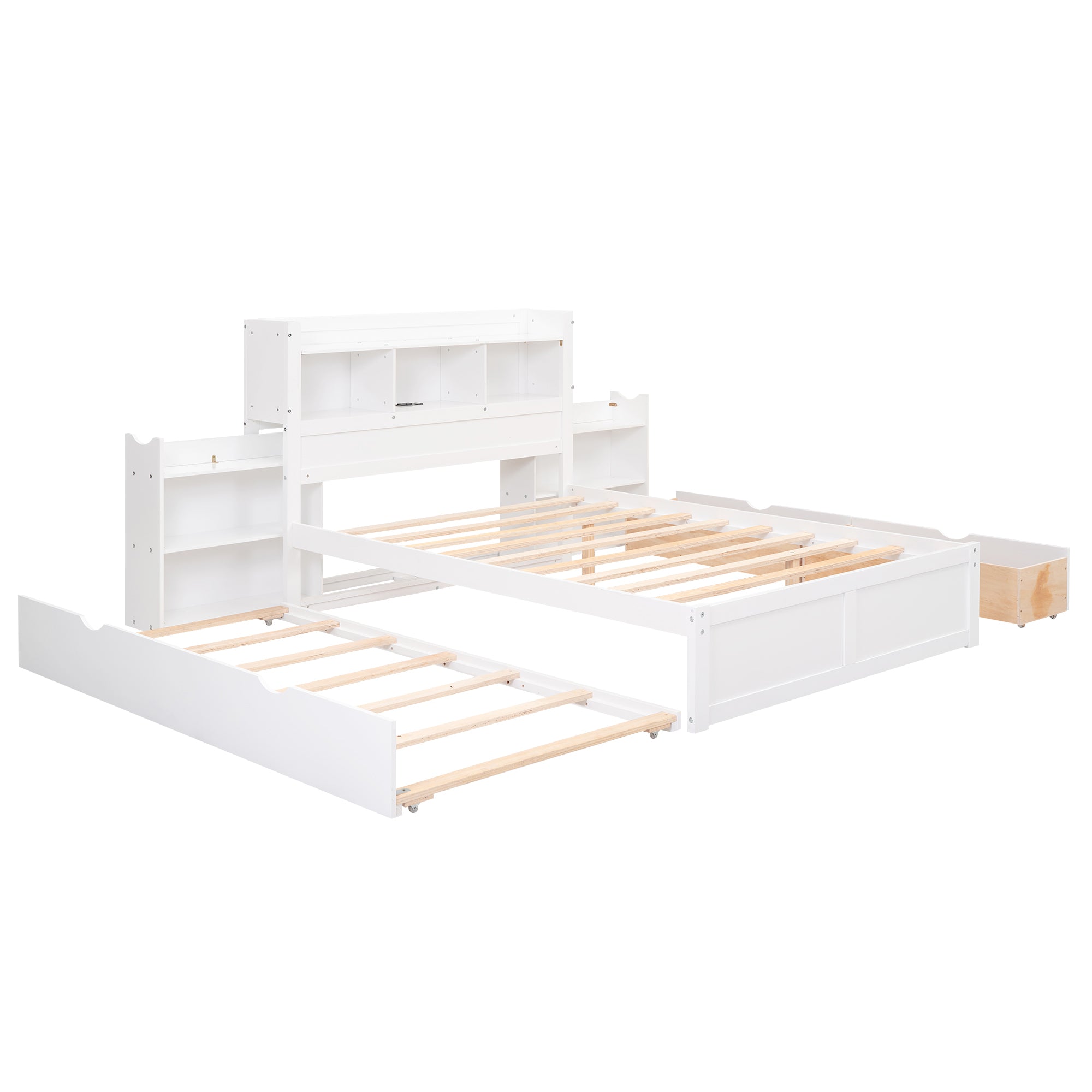 Full Size Storage Platform Bed with Pull Out Shelves, Twin Size Trundle and 2 Drawers, White - Atlantic Fine Furniture Melbourne FL