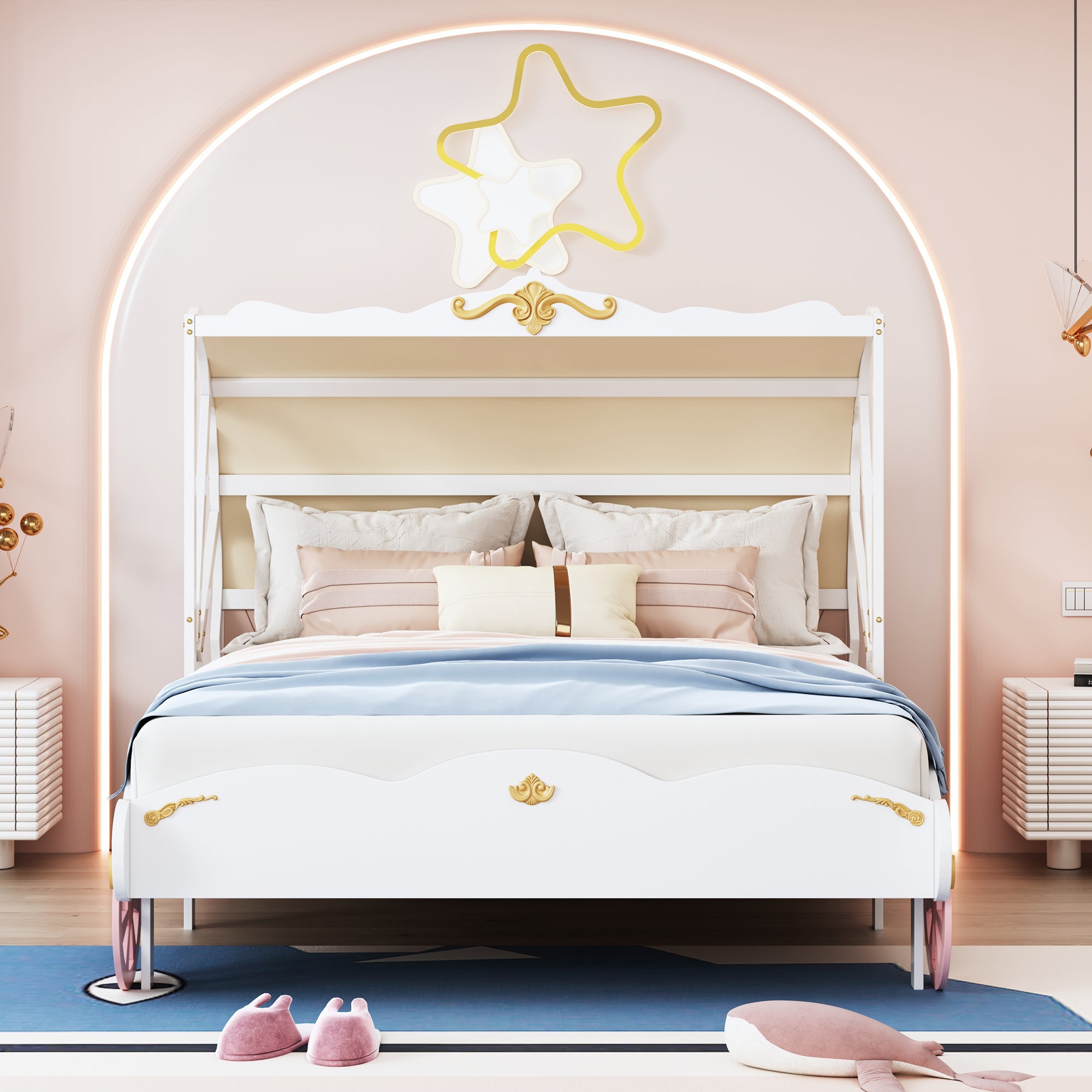 Full Size Princess Carriage Bed with Canopy, Wood Platform Car Bed with 3D Carving Pattern, White+Pink+Gold - Atlantic Fine Furniture Melbourne FL