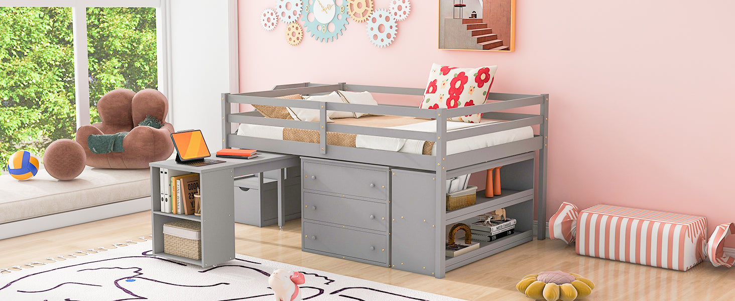 Full Size Loft Bed with Retractable Writing Desk and 3 Drawers, Wooden Loft Bed with Storage Stairs and Shelves, Gray - Atlantic Fine Furniture Melbourne FL