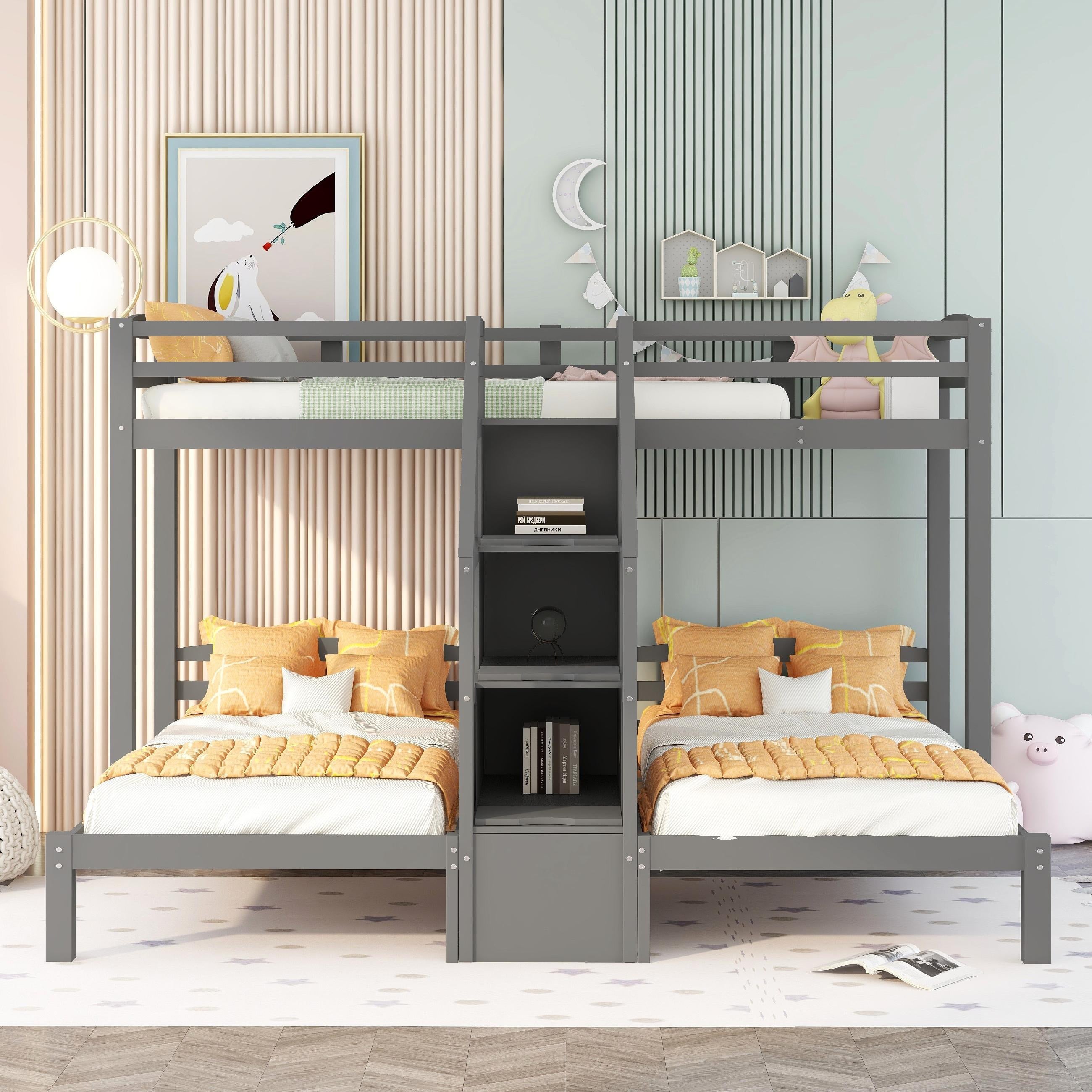 Twin over Twin & Twin Bunk Bed with Built-in Staircase and Storage Drawer,Gray - Atlantic Fine Furniture Melbourne FL