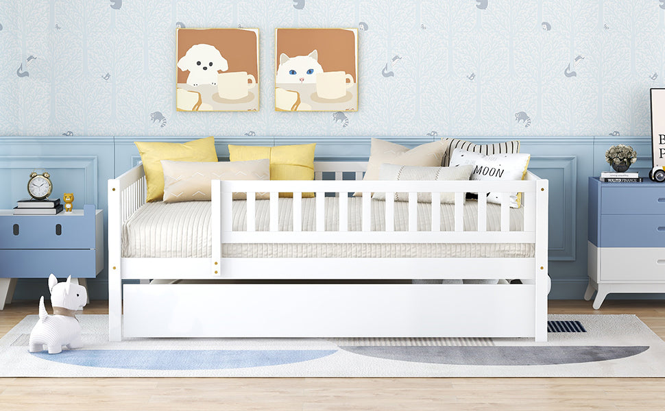 Full Size Wood Daybed with Trundle and Fence Guardrails, White - Atlantic Fine Furniture Melbourne FL