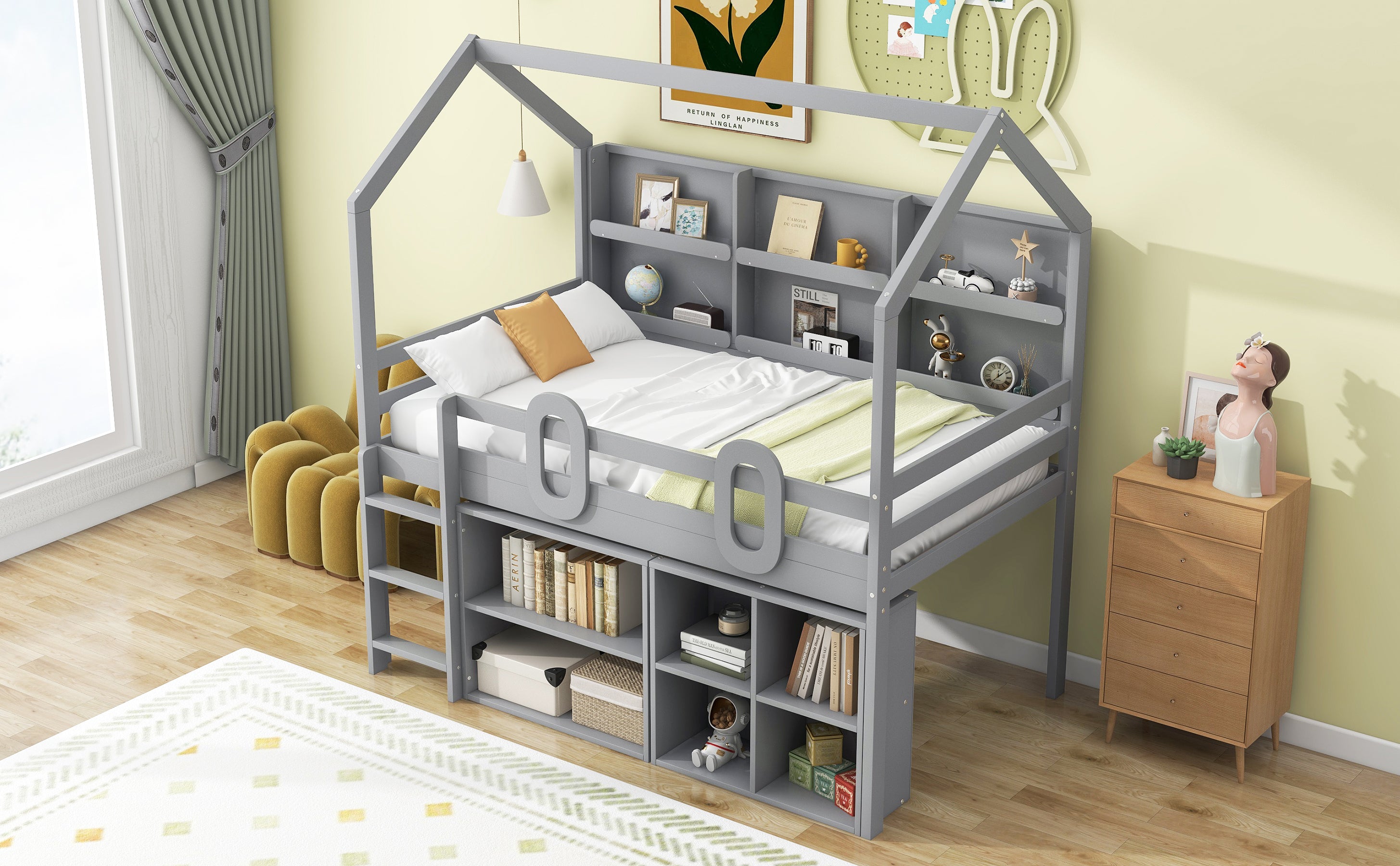 Twin Size House Loft Bed with Multiple Storage Shelves, Grey - Atlantic Fine Furniture Melbourne FL