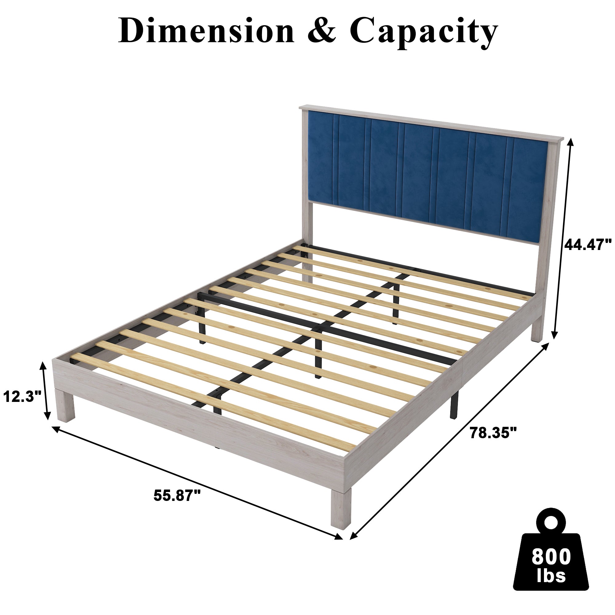 Full Bed Frame, Wood with Wood Headboard Bed Frame with upholstered headboard / Wood Foundation with Wood Slat Support / No Box Spring Needed / Easy Assembly