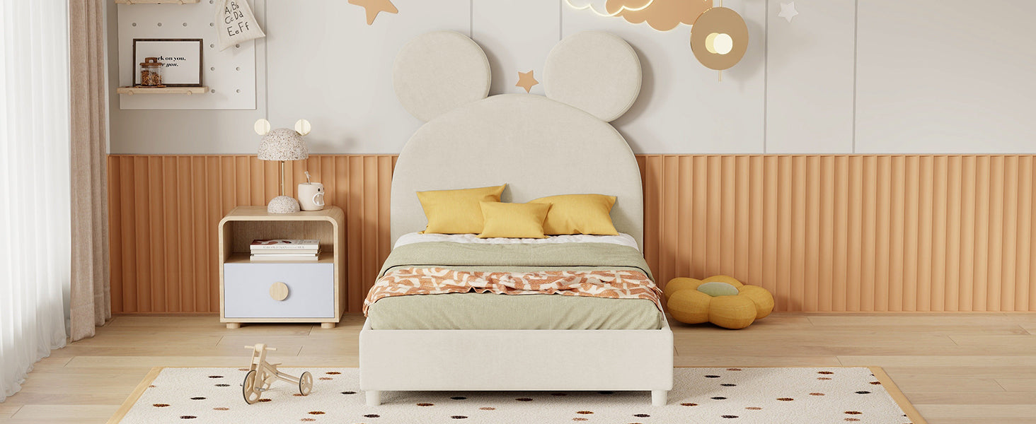 Twin Size Upholstered Platform Bed with Bear Ear Shaped Headboard, Beige - Atlantic Fine Furniture Melbourne FL
