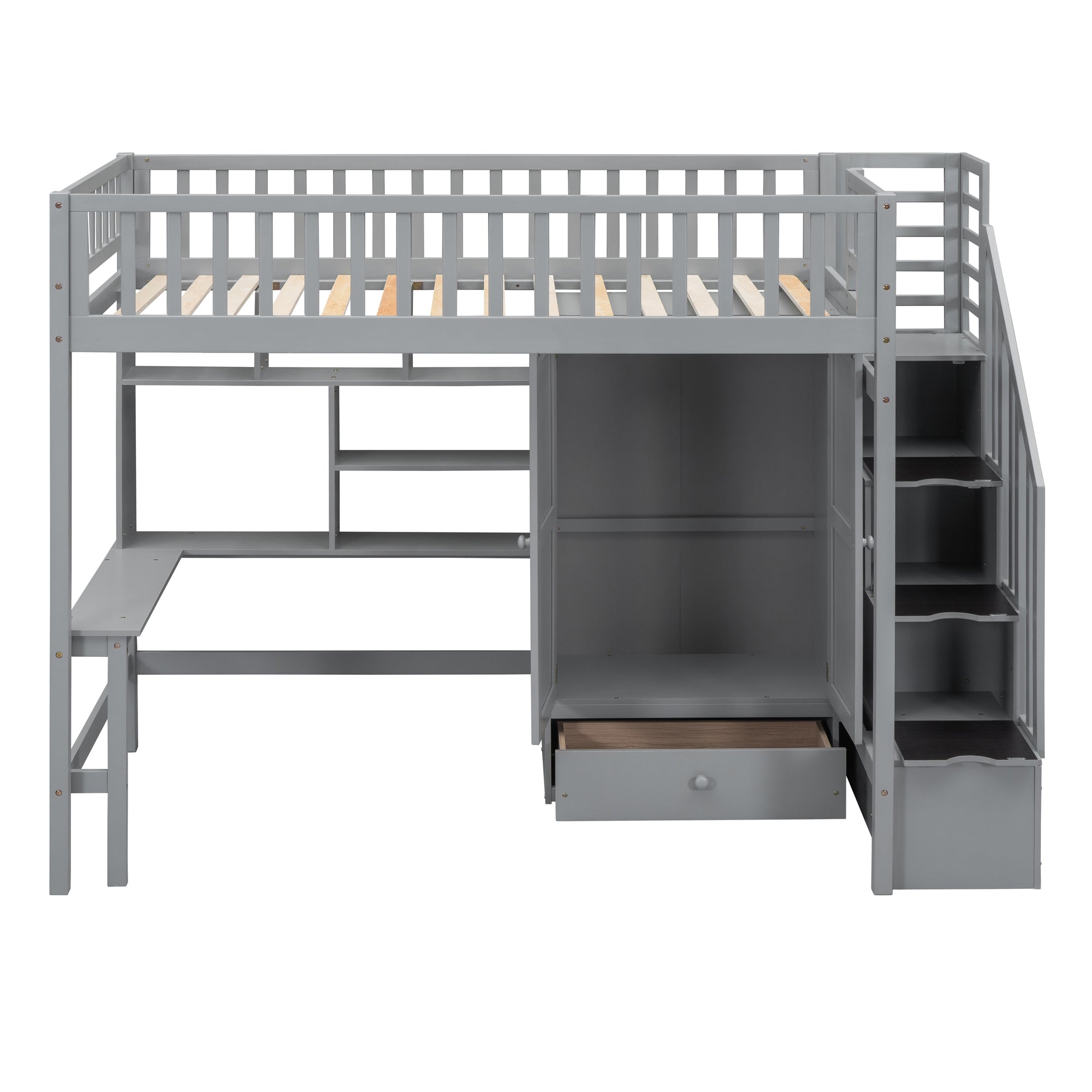Twin size Loft Bed with Bookshelf,Drawers,Desk,and Wardrobe-Gray - Atlantic Fine Furniture Melbourne FL