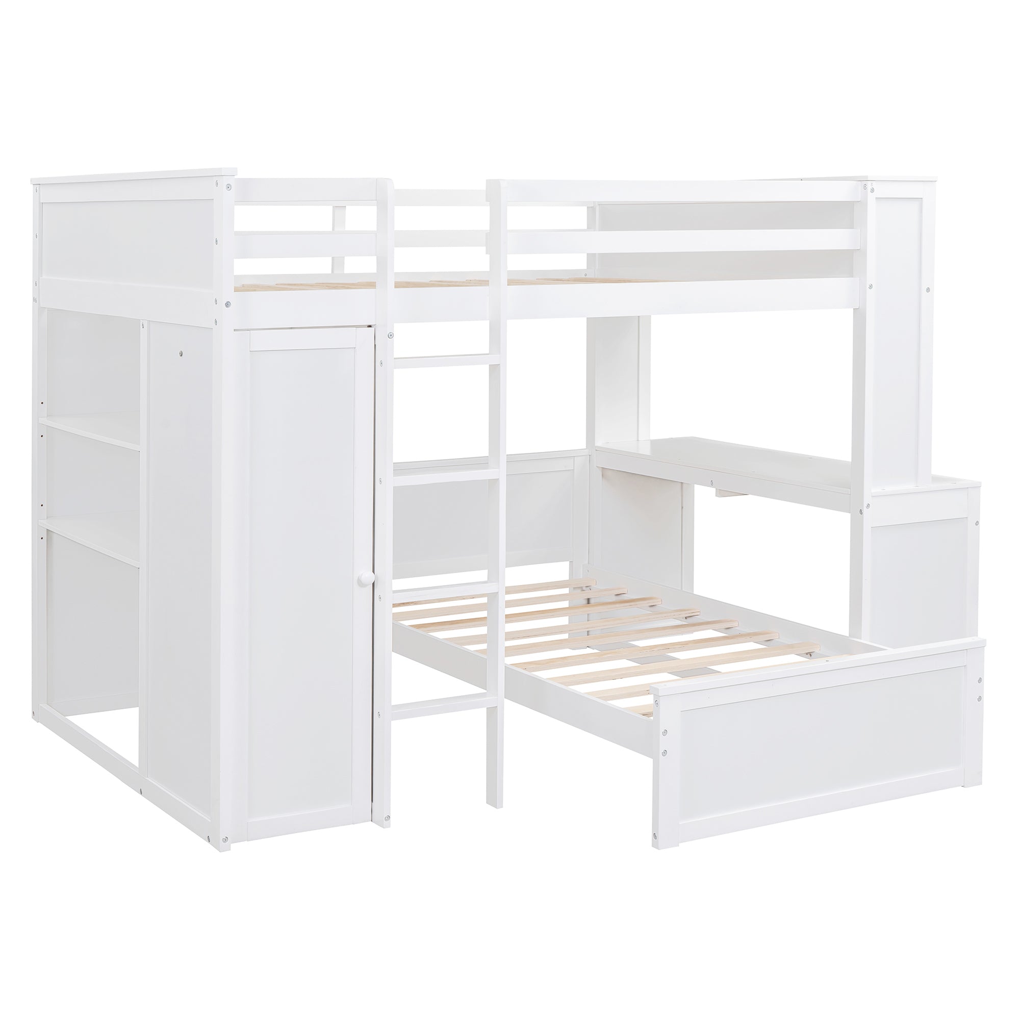 Full size Loft Bed with a twin size Stand-alone bed, Shelves,Desk,and Wardrobe-White
