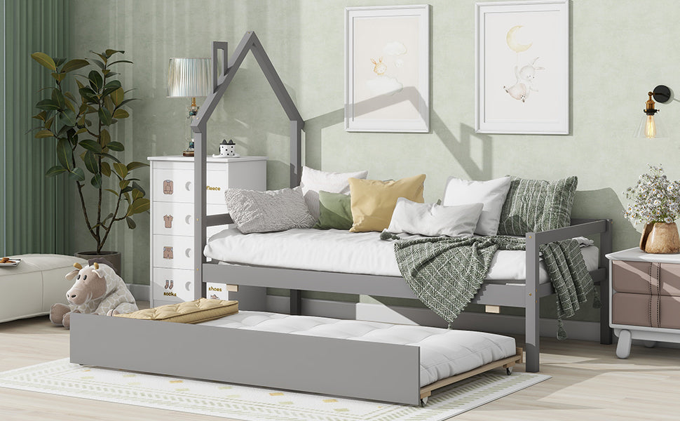 Twin House Wooden Daybed with trundle, Twin House-Shaped Headboard bed with Guardrails,Grey