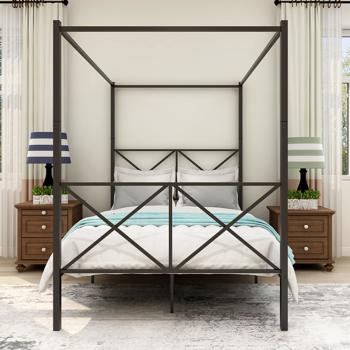Metal Canopy Bed Frame, Platform Bed Frame with X Shaped Frame Full Black