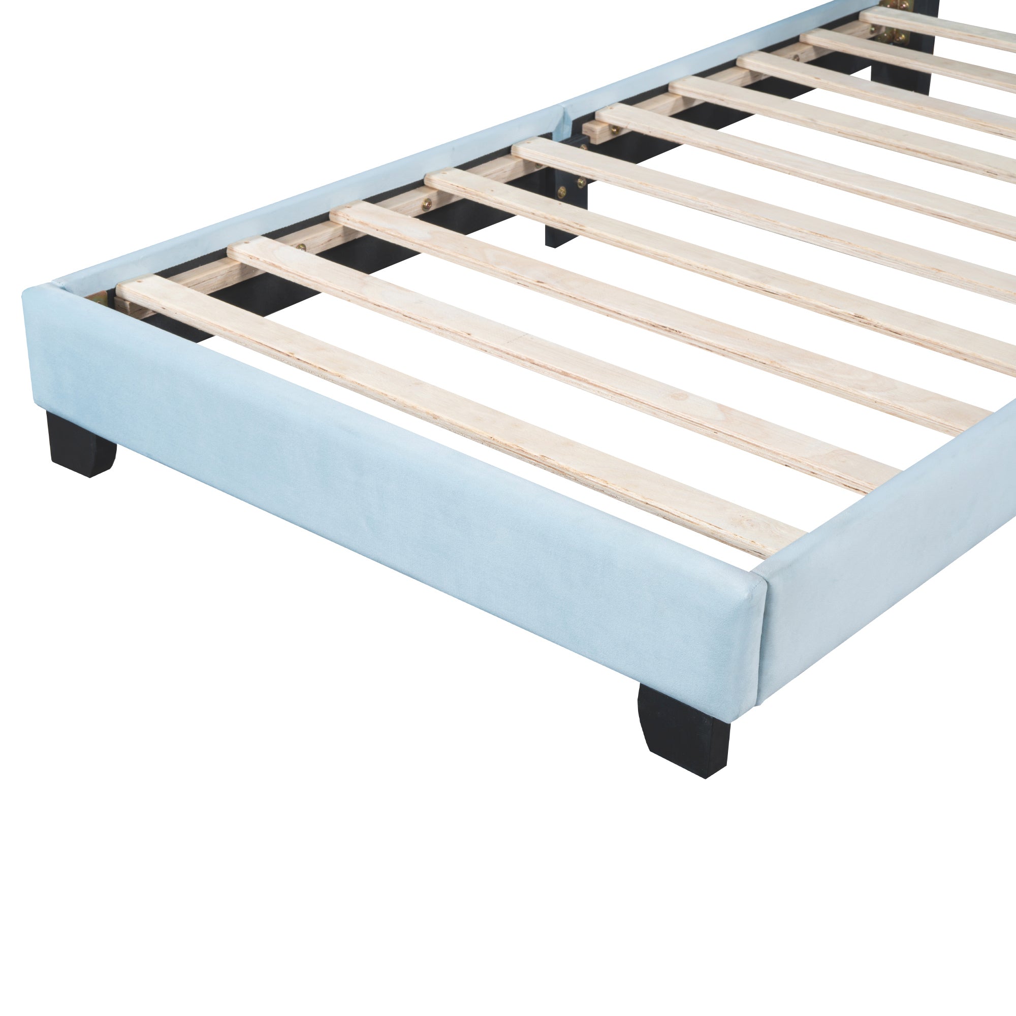 Twin Size Upholstered Velvet Platform Bed with Shell-Shaped Headboard, Blue - Atlantic Fine Furniture Melbourne FL