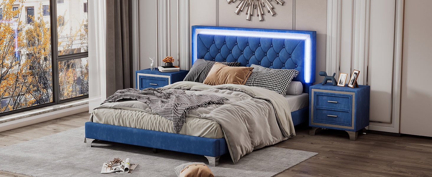 Queen Size Upholstered Bed Frame with LED Lights,Modern Velvet Platform Bed with Tufted Headboard,Blue - Atlantic Fine Furniture Melbourne FL