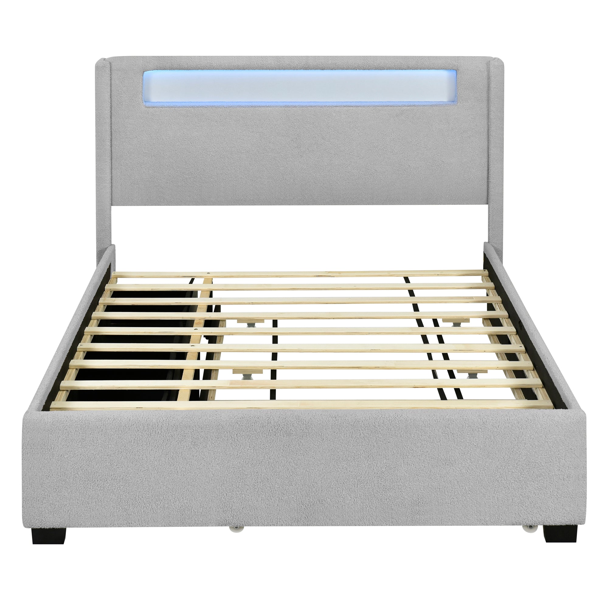 Queen Size Upholstered Platform Bed with LED Frame, with Twin XL Size Trundle and 2 drawers, Teddy Fleece, Gray