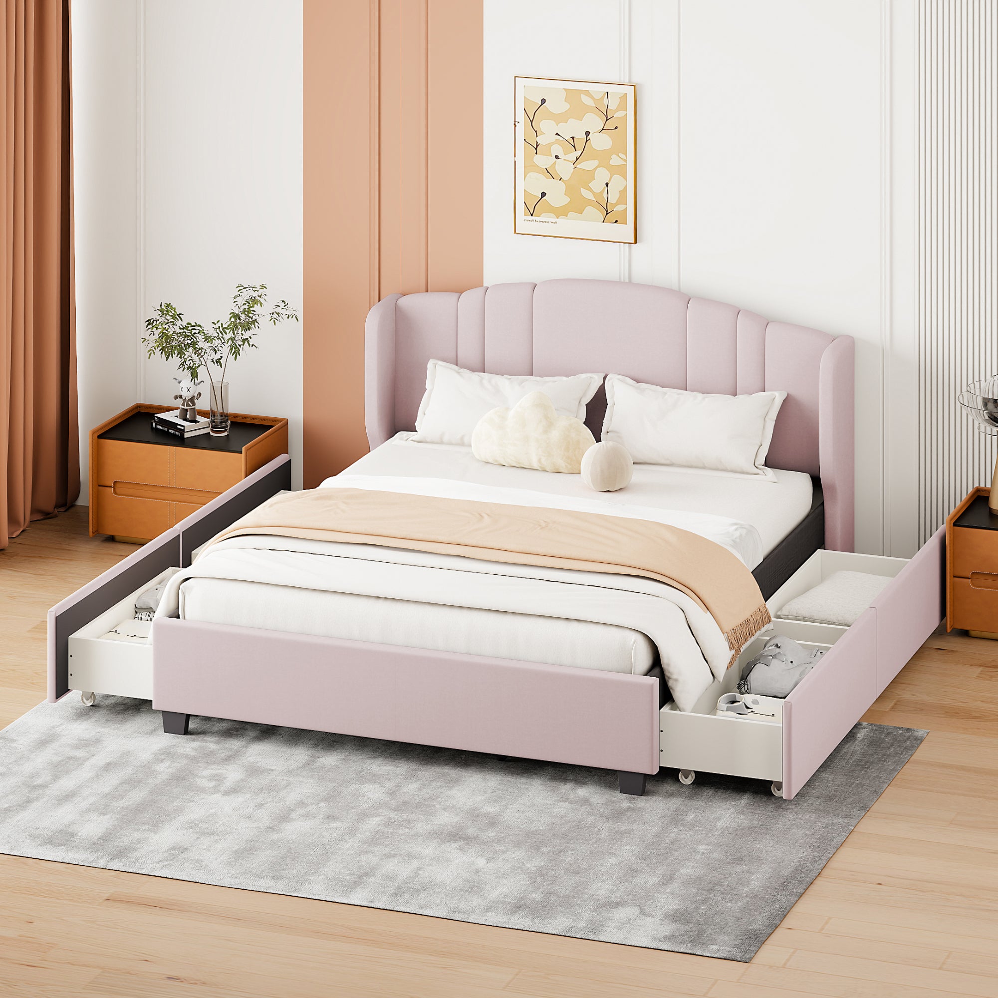 Upholstered Platform Bed with Wingback Headboard and 4 Drawers, No Box Spring Needed, Linen Fabric, Queen Size Pink - Atlantic Fine Furniture Melbourne FL